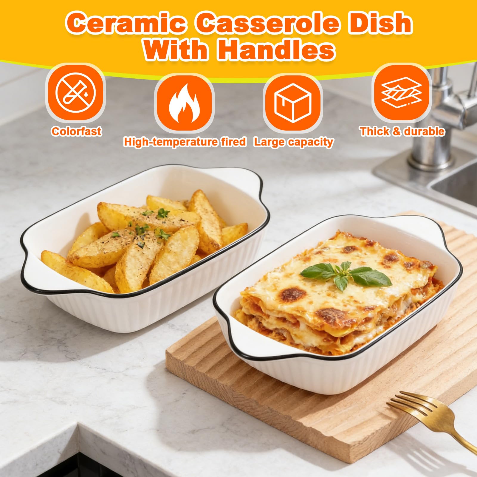 2 Pezzi Teglie Forno Ceramica con Manici, Set Pirofila Rettangolari Mini 23.2 x 13 x 4.7 cm, Teglia Piccola Forma Rettangolare per Lasagne & Tiramisu, Teglia per Microonde, Friggitrice Aria