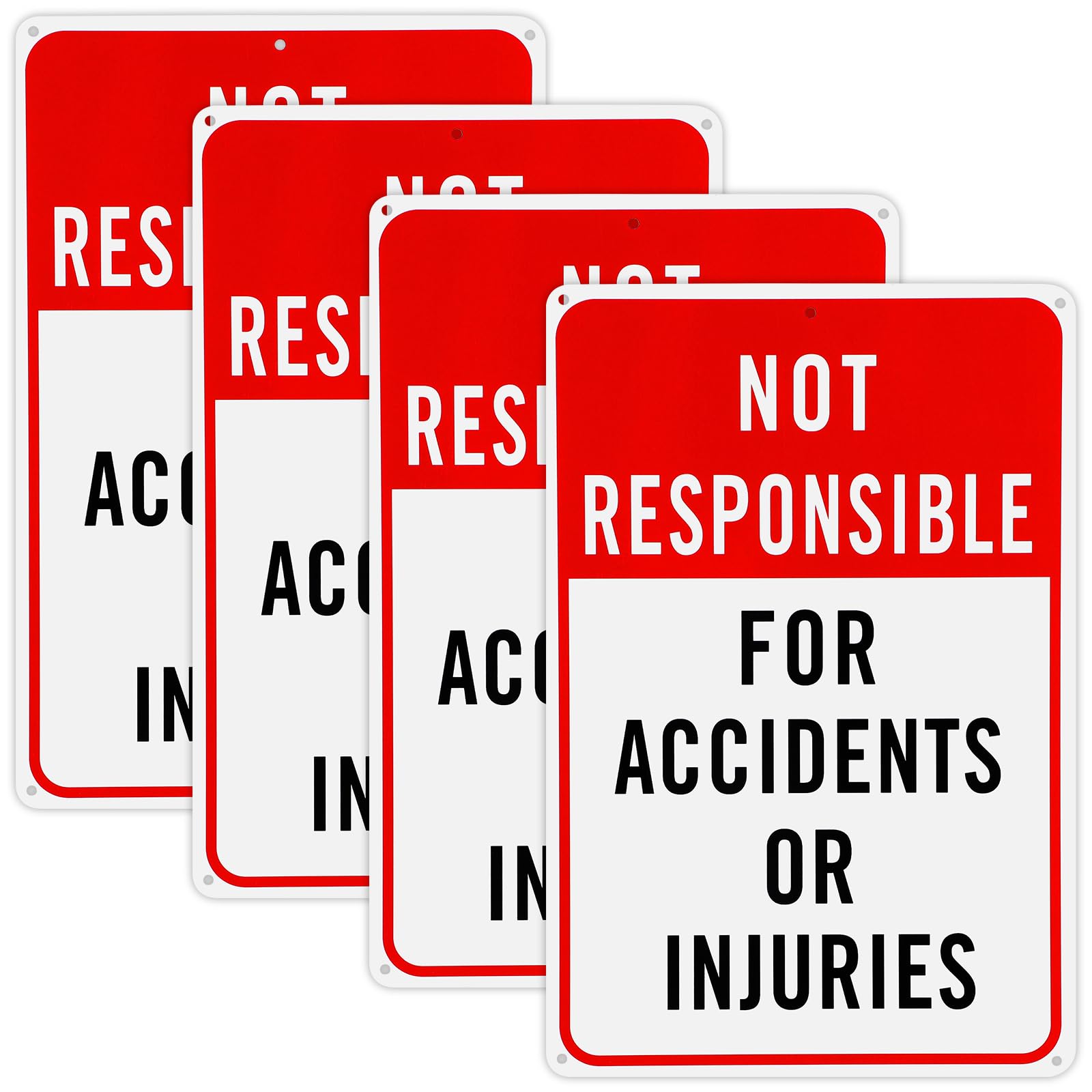Confezione da 4 cartelli con scritta in inglese "Not Responsible for Accidents or Injuries", 30,5 x 20,3 cm, in alluminio, riflettenti, segnaletica di pericolo industriale per aree di costruzione