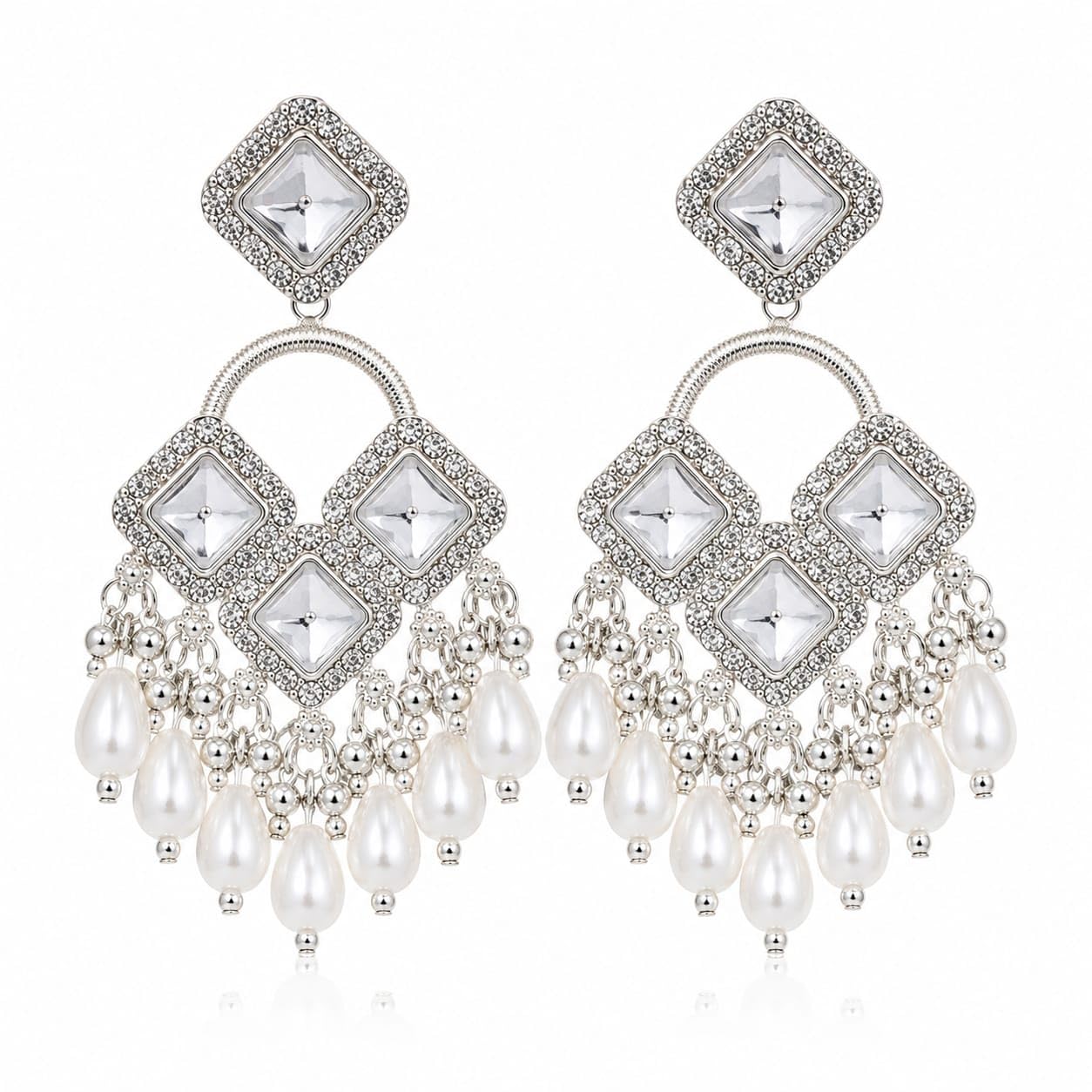 Silver Chandelier Earrings with Crystal Stones and Pearl Tassels-image-18