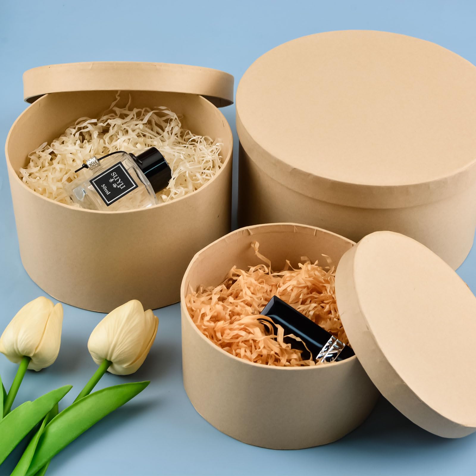 WANDIC Caja de papel maché, juego de 3 cajas redondas de papel maché para sombreros, recipientes de papel kraft con tapas, ideales para pintura, manualidades y almacenamiento, accesorios, cosméticos,