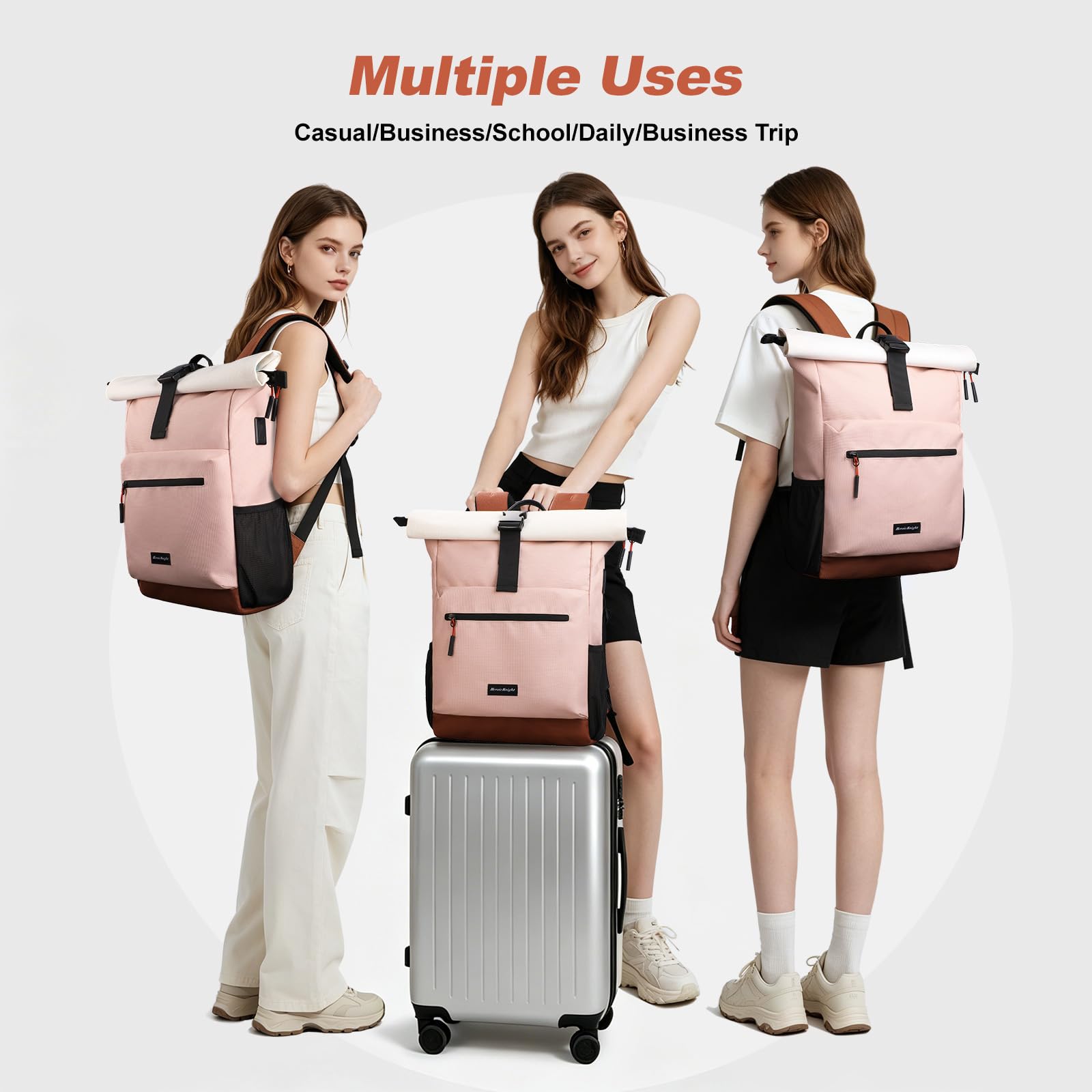 hk Mochila Roll Top para Mujer, Mochila Portátil para Laptop de 17 Pulgadas | Mochila Impermeable con Puerto USB A&C, Mochila Antirrobo Expandible 18-26L para Trabajo Universidad Viajes y Uso Diario,Rosa
