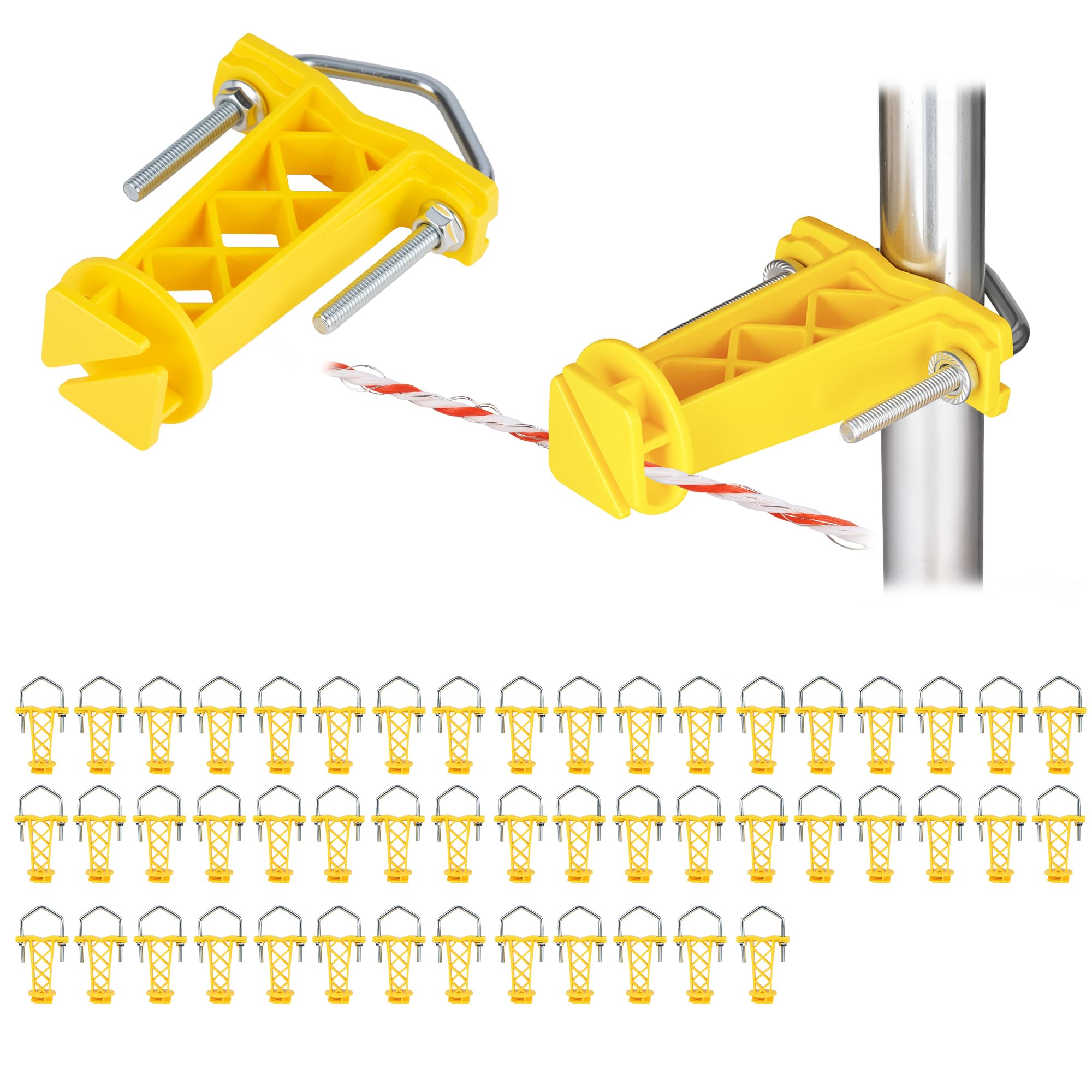 50 aisladores de poste de tubo, aisladores de tubería redondos de valla eléctrica para alambre de valla eléctrica para tubos cuadrados o redondos, color amarillo