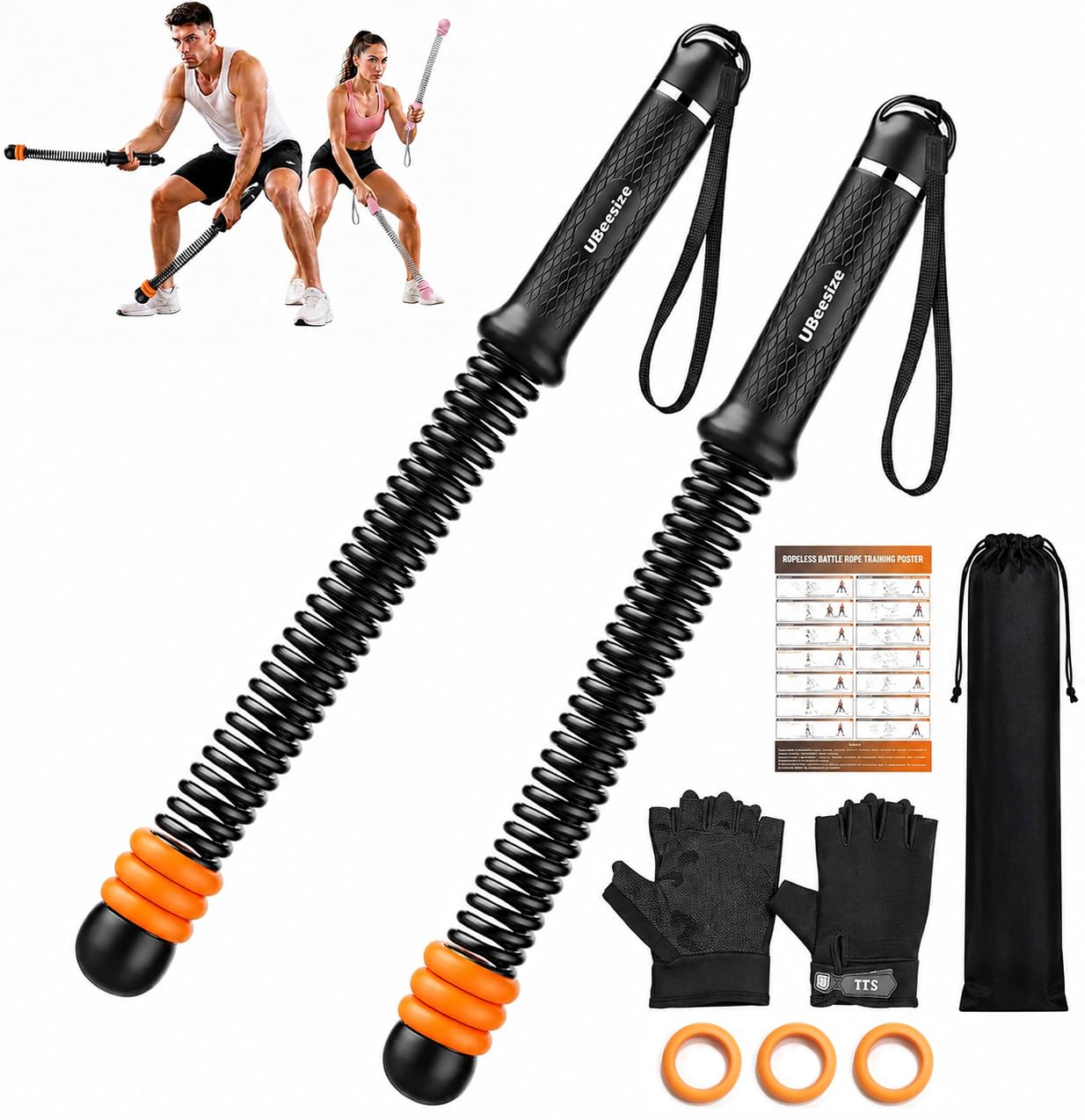 UBeesize Weighted Ropeless Battle Rope Fitness Kit with Gloves & Bag | Cordless Battle Ropes for Home Gym with Poster, 3 Adjustable Weight Rings, Portable Workout Equipment for Core Strength