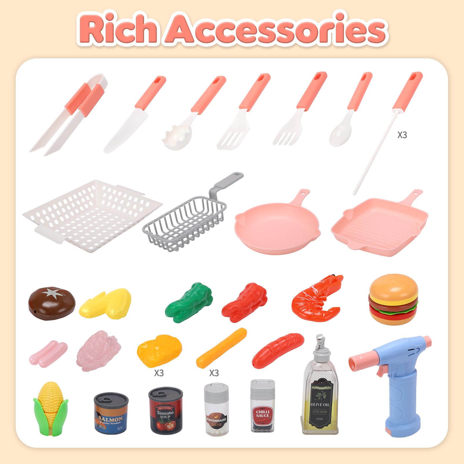 cute stone Barbecue pour Enfants avec Aliments changeant Couleur, Vaporisateur Brume fraîche, Sons et lumières Jeu de Cuisine d'extérieur avec poêle à Frire, sur roulettes pour Un déplacement Facile