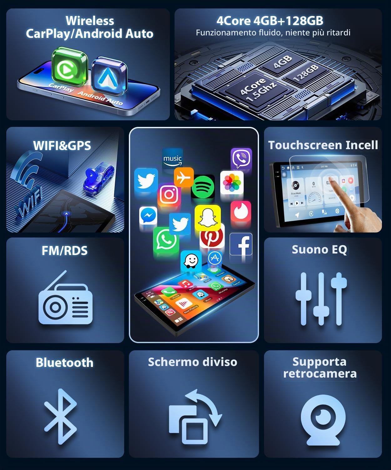 [4GB RAM + 128GB ROM] Motorsi CarPlay 2 Din Autoradio con GPS, 9" Android Auto Doppio Din Stereo Auto Bluetooth con Schermo, Assistente Vocale WiFi SWC FM/RDS Radio EQ MirrorLink + Telecamera