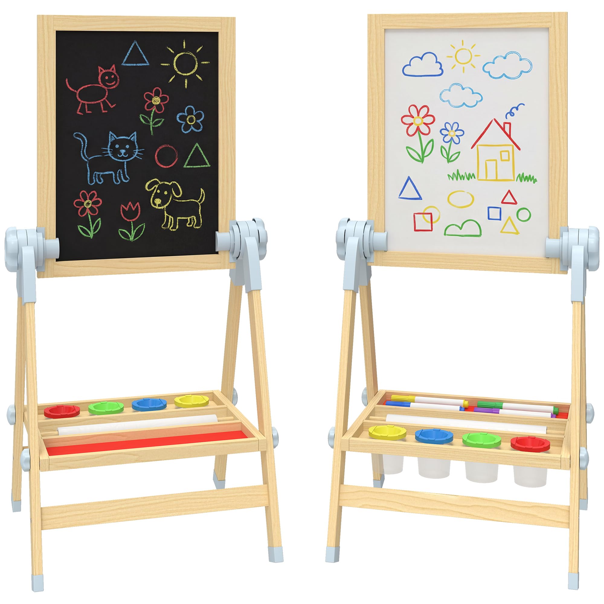 AIYAPLAY Cavalletto da Disegno per Bambini con Lavagna Doppia per Gesso e Pennarelli, Lavagnetta Magnetica, Vassoio Portamatite, Rotolo Carta Incluso, Legno Naturale