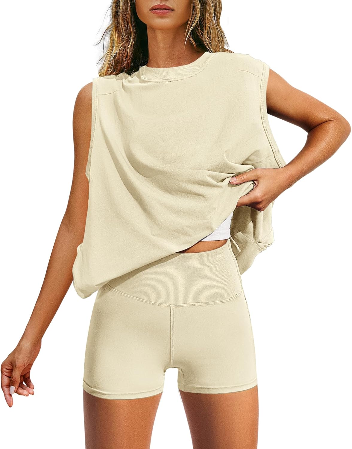 Yanekop Womens Matching Workout Sets Micro Biker Short Sets 2 Piece Outfits Summer Two Piece Lounge Set Tunic Tops Set