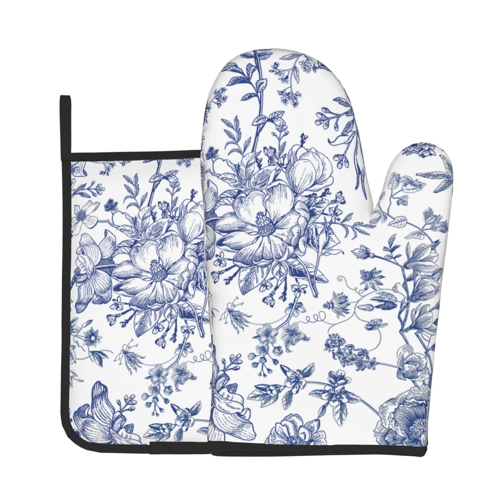 Blue Floral Oven Mitts and Pot Holders Sets 2 Pack