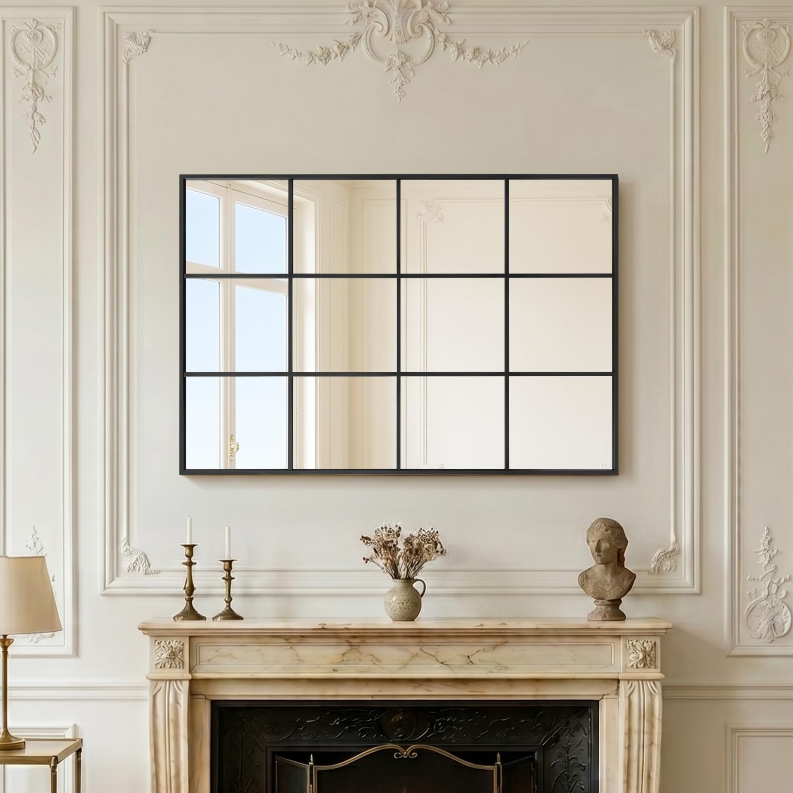 Reflix Miroir de jardin extérieur, 120 x 75 cm, miroirs muraux pour décoration, miroir de fenêtre avec cadre en aluminium pour couloir, salon, chambre à coucher, entrée, noir