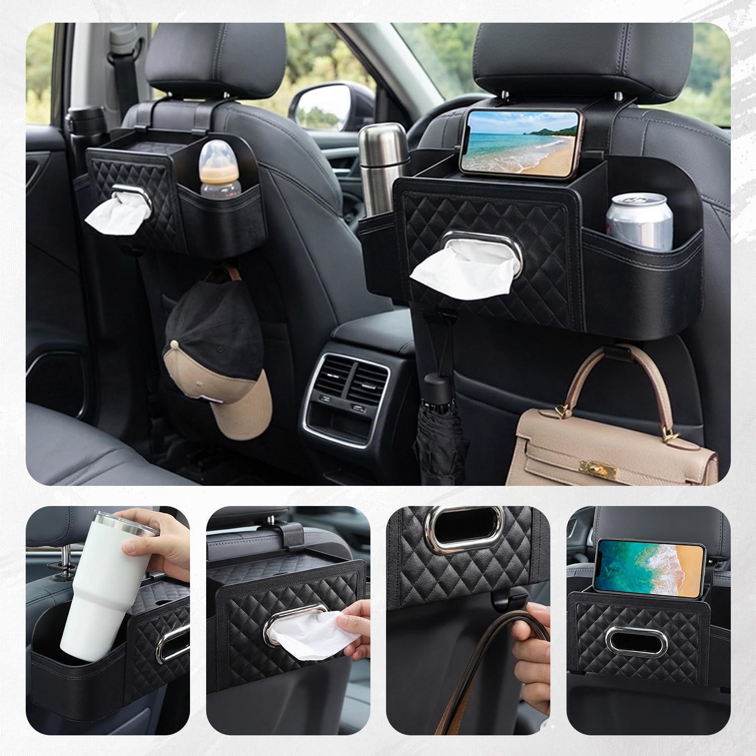 Tissting Organisateur De Dossier De Siège De Voiture Avec Porte-gobelet Et Boîte À Mouchoirs, Boîte De Rangement Multifonctionnelle En Plastique Pour Accessoires De Voyage En Voiture (Black)