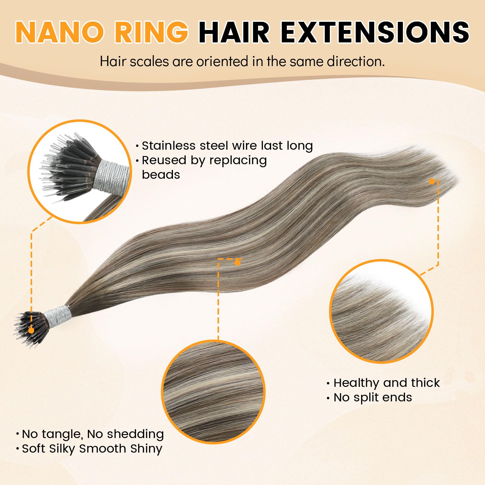 Yuniffe Nano Real Human Hair Rooted Brown Fading to Ash Brown Mixed with Medium Blonde Nano Ring Hair Extensions Remy Straight Nano Beads Natural Long 20 Inch 50g/50s - Image 3