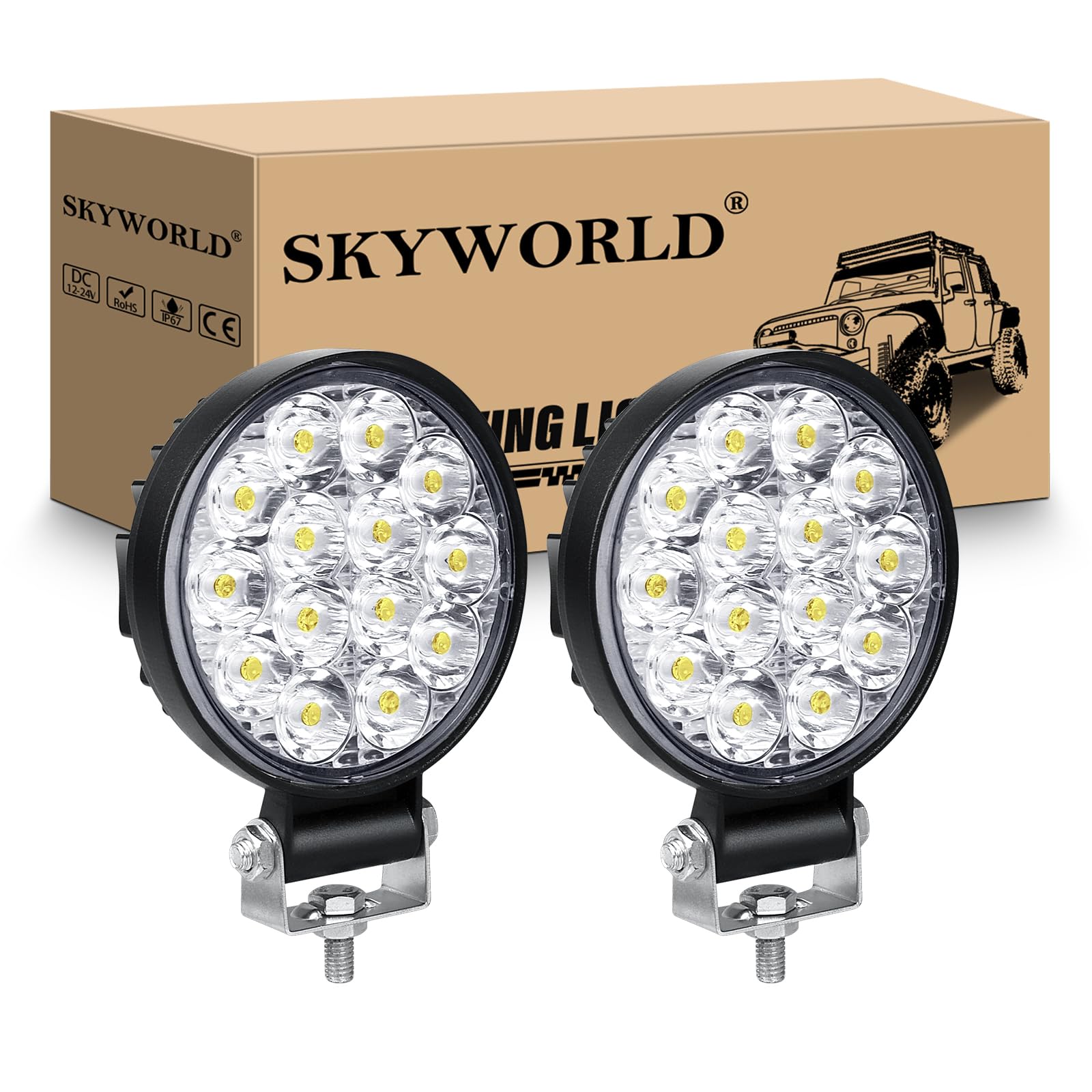 SKYWORLD 2Pcs Faro Trabajo LED Focos de Coche 12V 24V 3.2 Pulgadas 42W Faros Led Tractor Barra de Luz LED Foco de Tractor para 4x4 Moto ATV SUV Camión Excavadora Barco luces Todoterreno