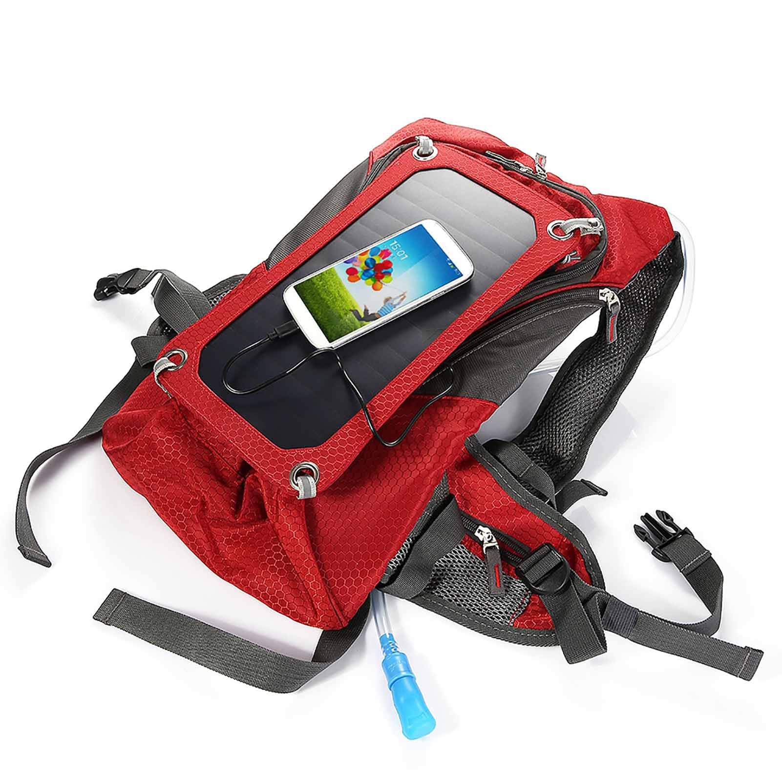 POENVFPO Mochila Solar, Bolsa de Energía Solar de Nylon Portátil con Panel Solar de 6.5W y Bolsa de Agua de 2 litros para Viajar en Ciclismo Al Aire Libre