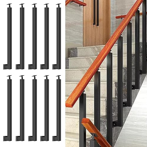 Miniatura 61 de 42/40/38/36/34in Square Stair Baluster Posts- 270° Adjustable Metal Railing Spindles with Flat Bracket Base and Screws Kits; Iron Posts are Suitable