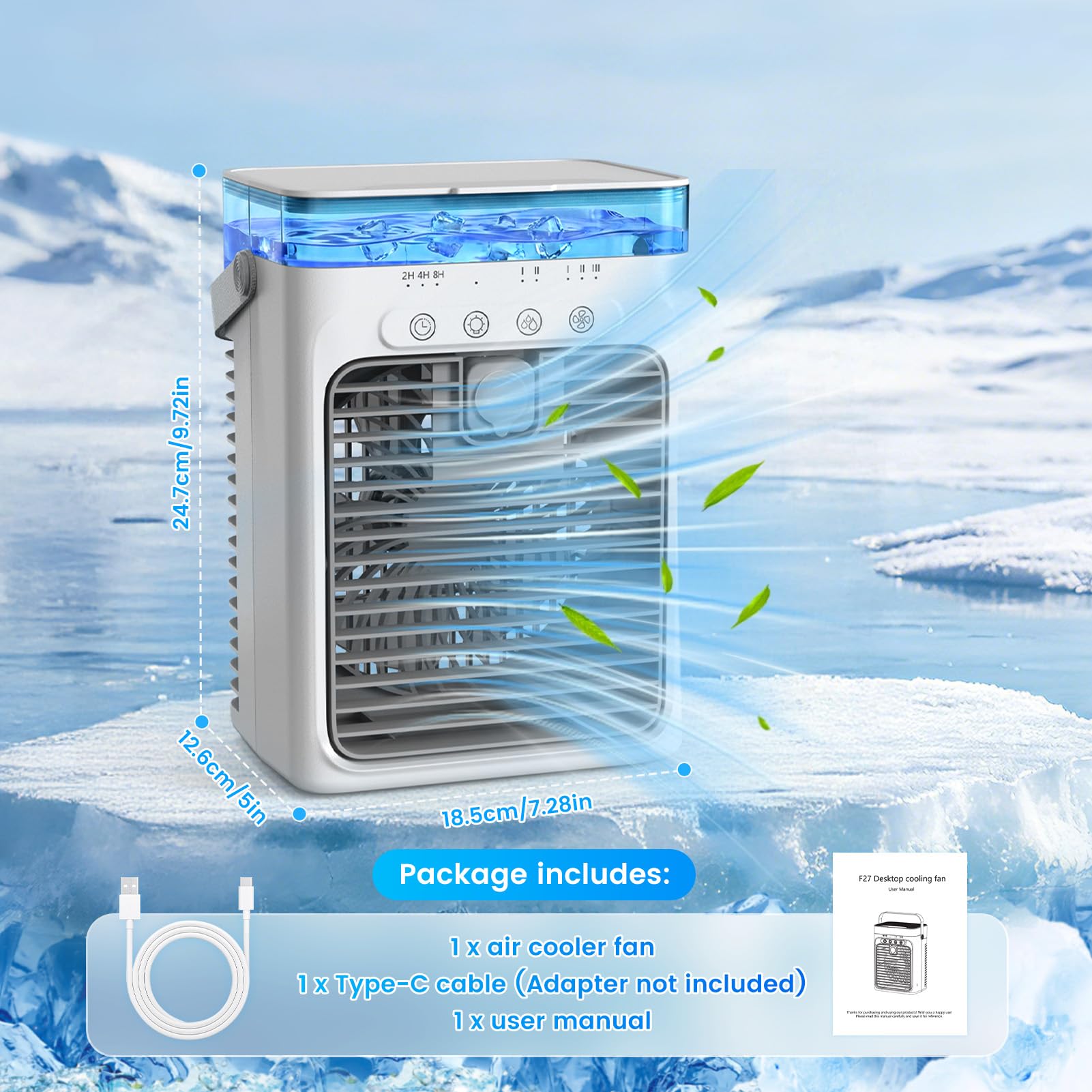 Tragbare Klimaanlagen, 4 in 1 Mini AC Klimaanlage mit 1000 ml Wassertank, 3 Geschwindigkeiten, 2 Nebelmodi, 2/4/8H Timer, Umgebungslicht, USB Verdunstungsluftkühler, Kühlventilator für Camping, Zimmer