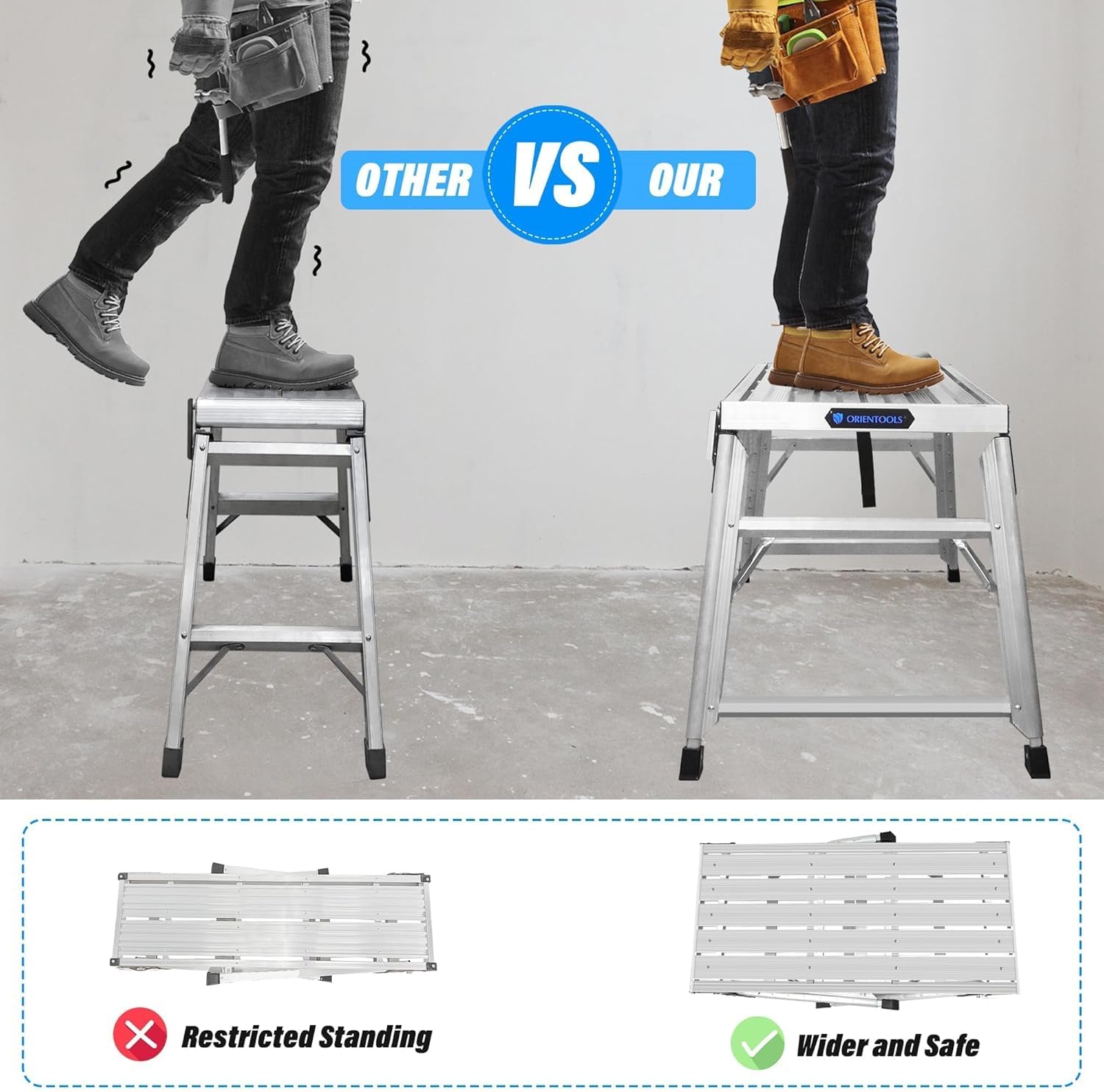 ORIENTOOLS Plataforma de trabajo ajustable (100 x 47 cm) Escalera plegable portátil de aluminio para andamios con capacidad de carga de 150 kg