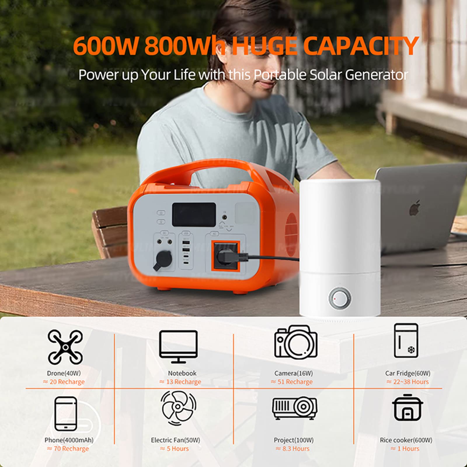 600W Centrale électrique Portable 800Wh Générateur Solaire Batterie à Onde sinusoïdale Pure 100V-240V AC DC Alimentation pour Le Camping en Plein air,Orange-800W