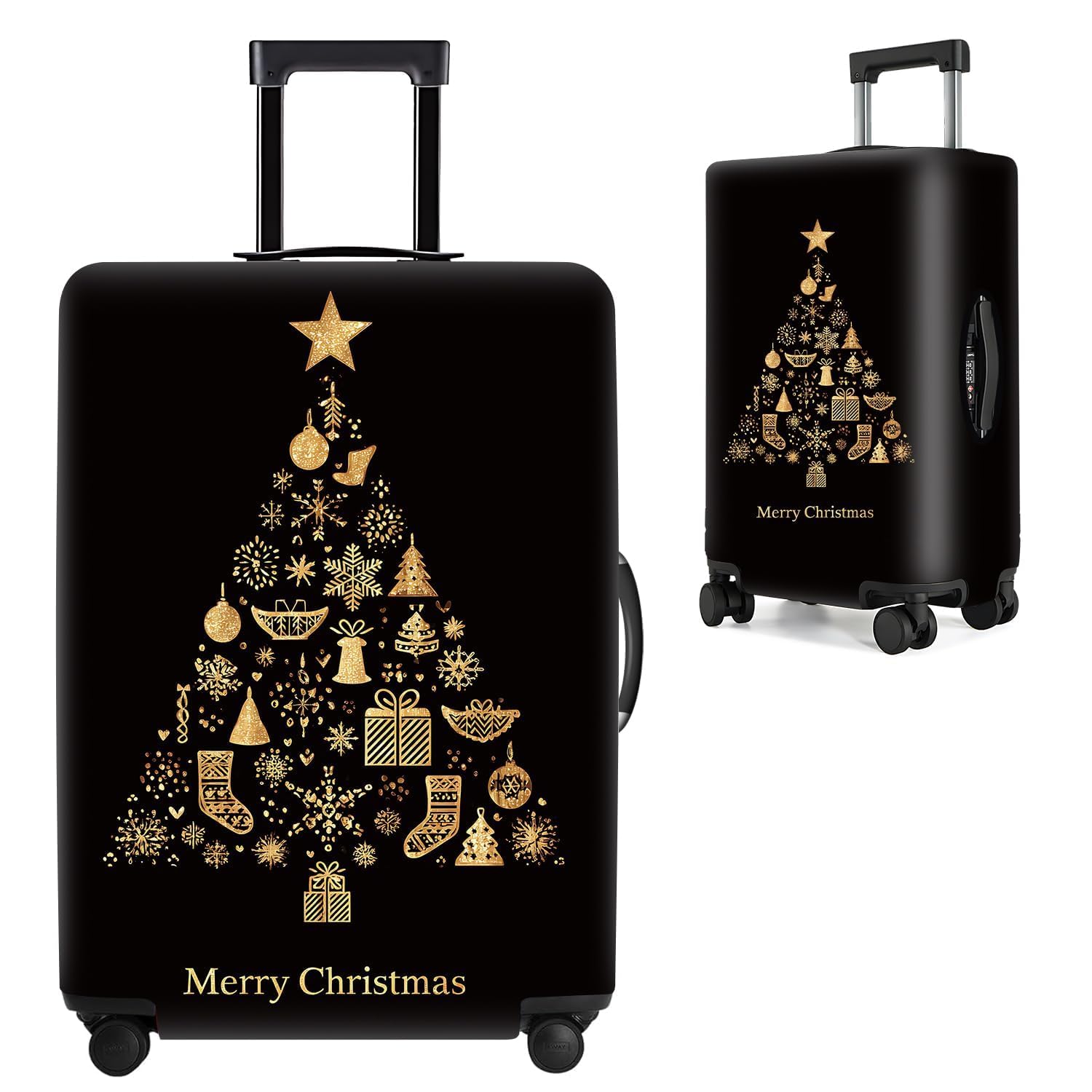 Christmas Tree Luggage Cover for Suitcase 20-22 Inch – Black and Gold Holiday Travel Suitcase Protector – Stretch Washable Anti-Scratch Luggage Sleeve with Merry Christmas Design,S