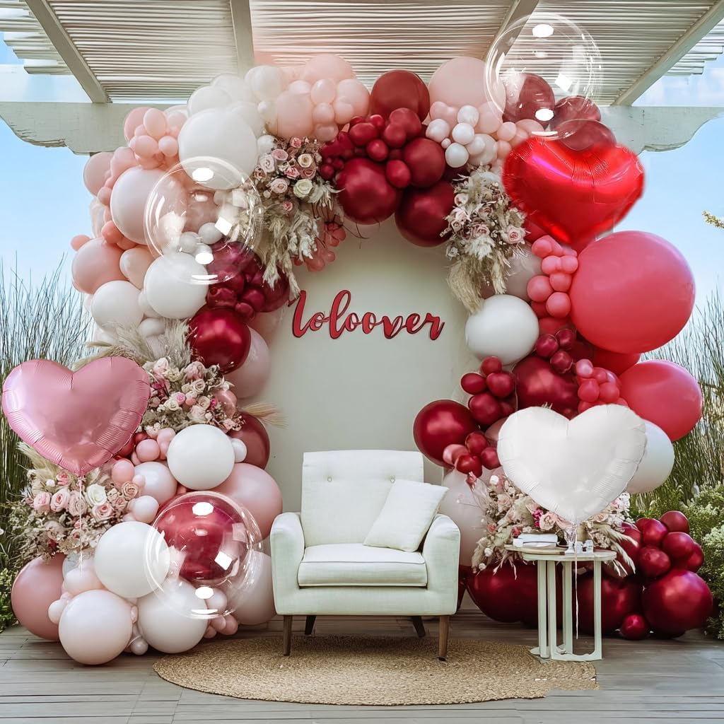 Red White Balloon Garland DOUBLE STUFFED Red Pink White Balloon Garland Different Size for Birthday Baby Shower Fall Halloween Thanksgiving Party Decoration