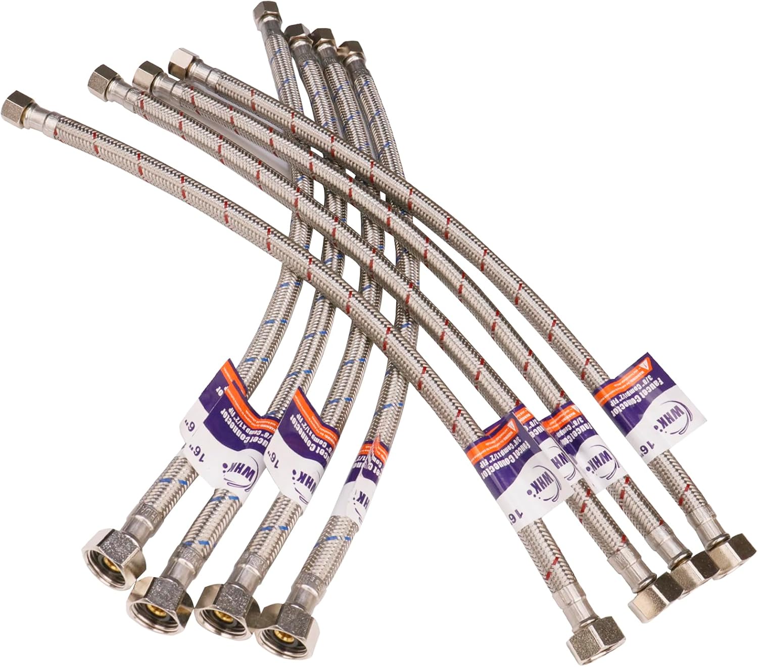 WHK 8 Packs 16 inch Faucet Hose Connector 3/8" Comp x 1/2" FIP Water Faucet Supply Lines,Stainless Steel Braided Plumbing Supply Line For Bathroom Kitchen(Certified Safe)