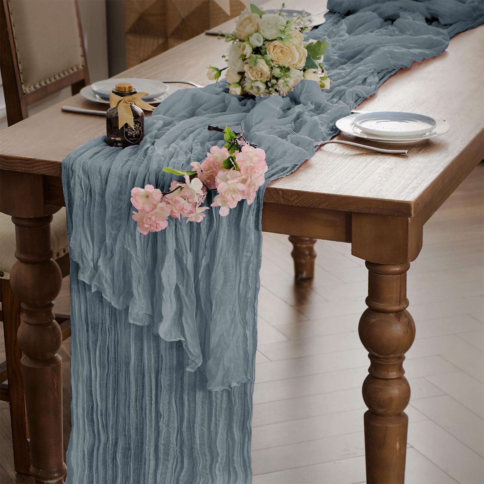 WAITER TREE Cheesecloth Blue Table Runner for Dining Table 90x300 cm - Boho Gauze Long Rustic Sheer Table Runners for Baby Bridal Shower Wedding Birthday Decorations - Dusty Blue — image 1