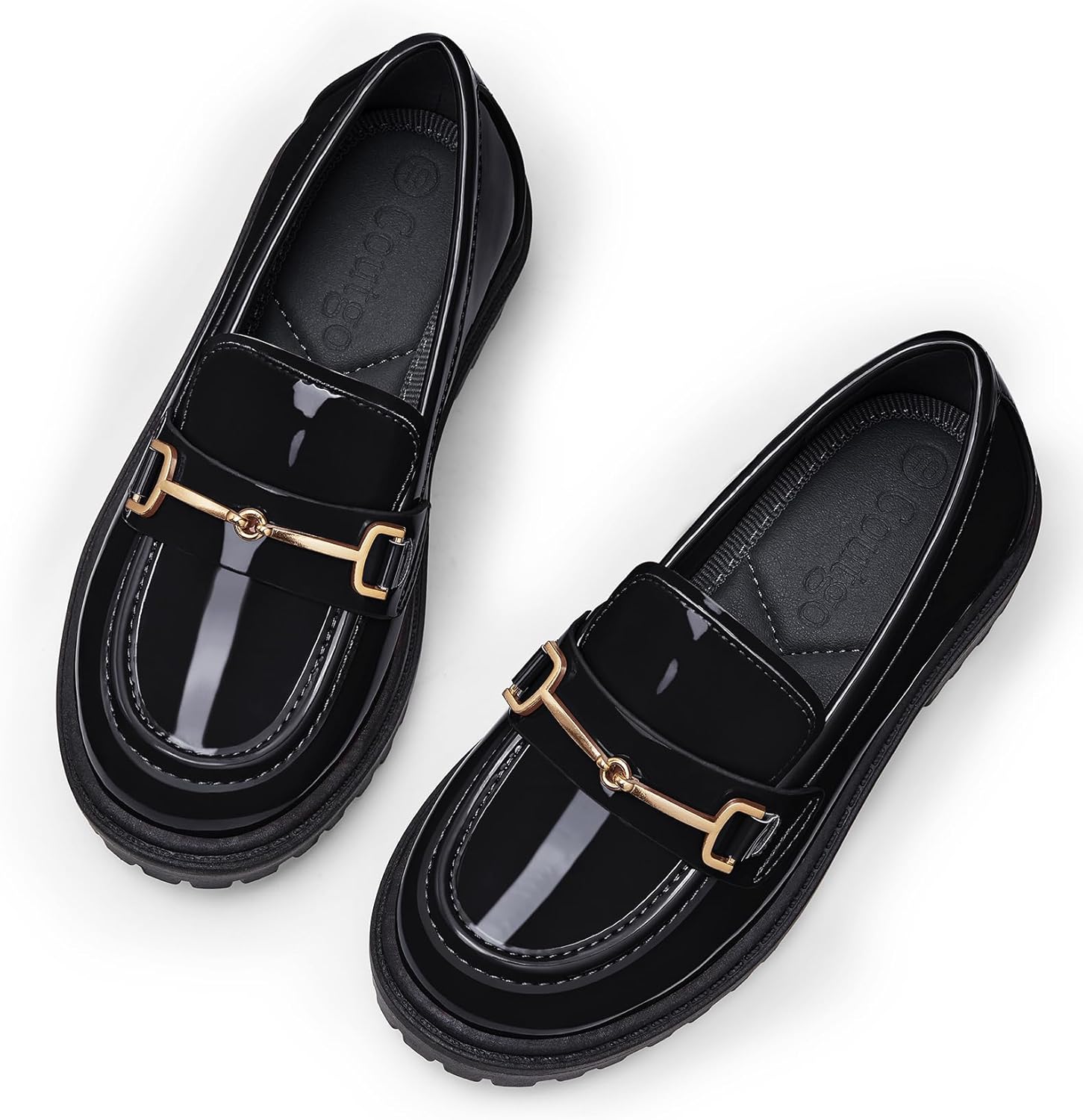 Coutgo Girl's Platform Loafers Slip On Chain Chunky Heel Leather Flats Round Toe School Uniform Dress Shoes - Image 2