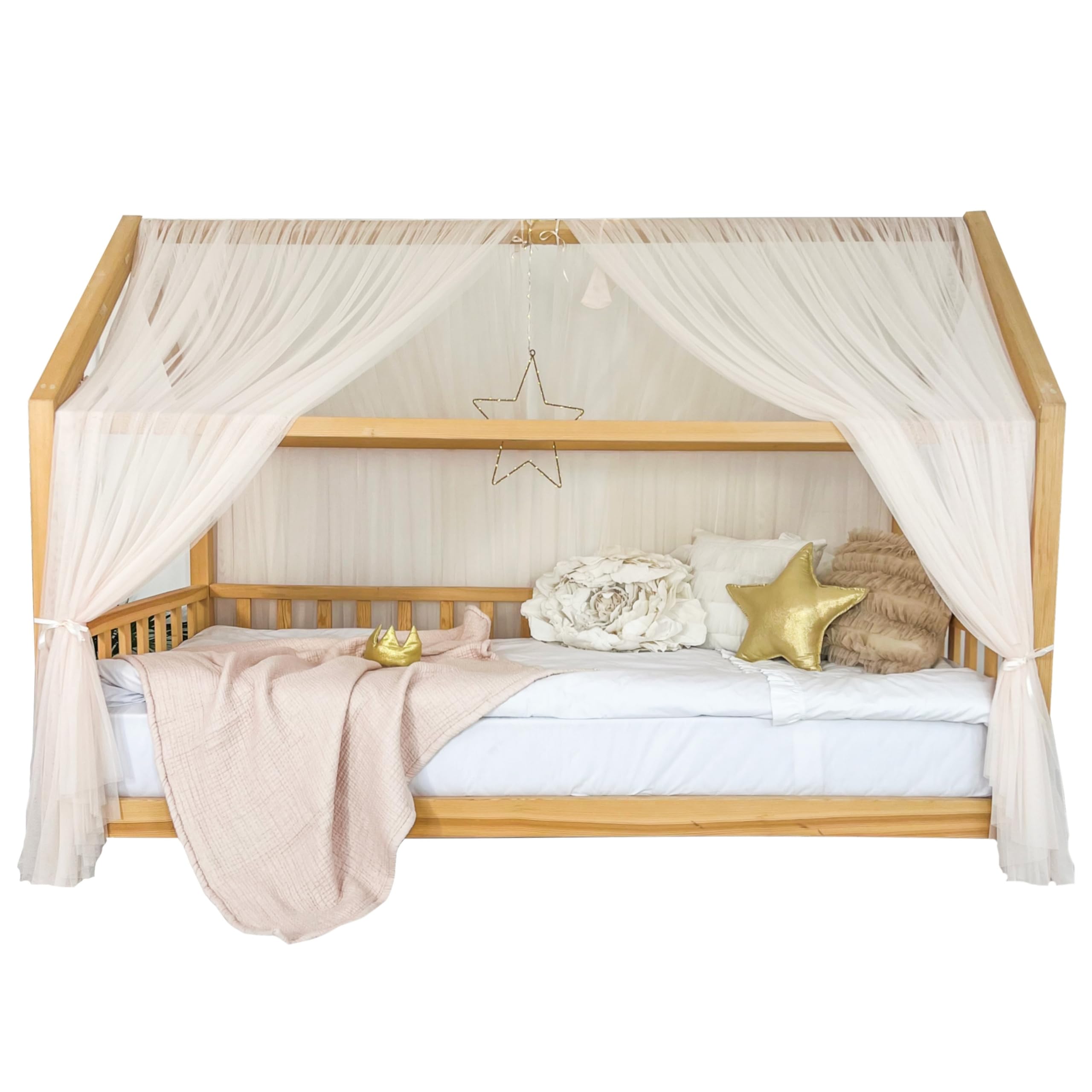 Tenda a baldacchino per letto della cameretta dei bambini, decorazione per letto montessori, tenda da gioco in morbido tulle per bambini (rosa vaniglia morbida, 380 cm, set da 4)