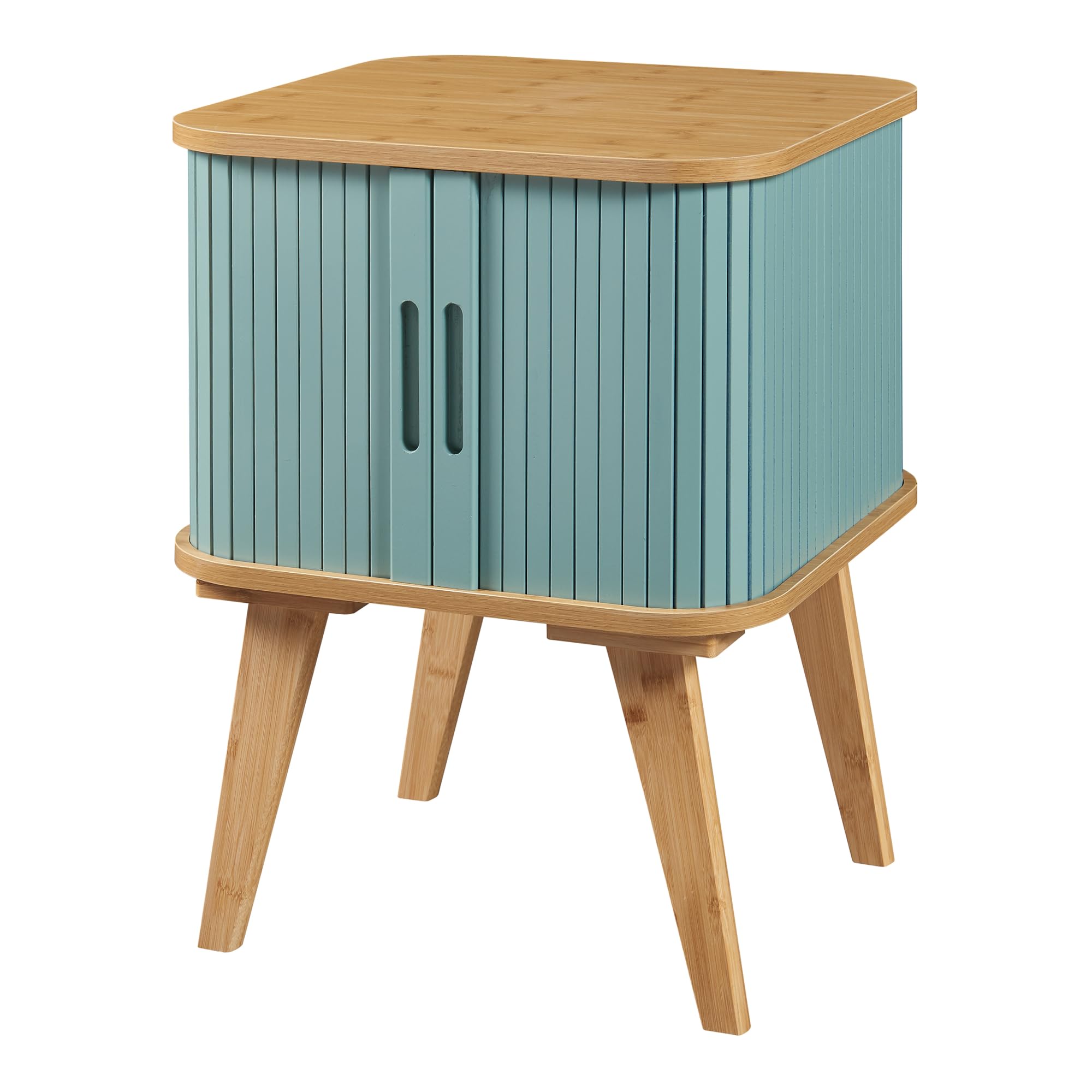 [en.casa] Mesa Auxiliar Tysvær Mesilla de Noche con 1 Compartimento Cerrado con Puertas Correderas para Salón Dormitorio Oficina Bambú 58 x 45 x 45 cm - Natural/Azul