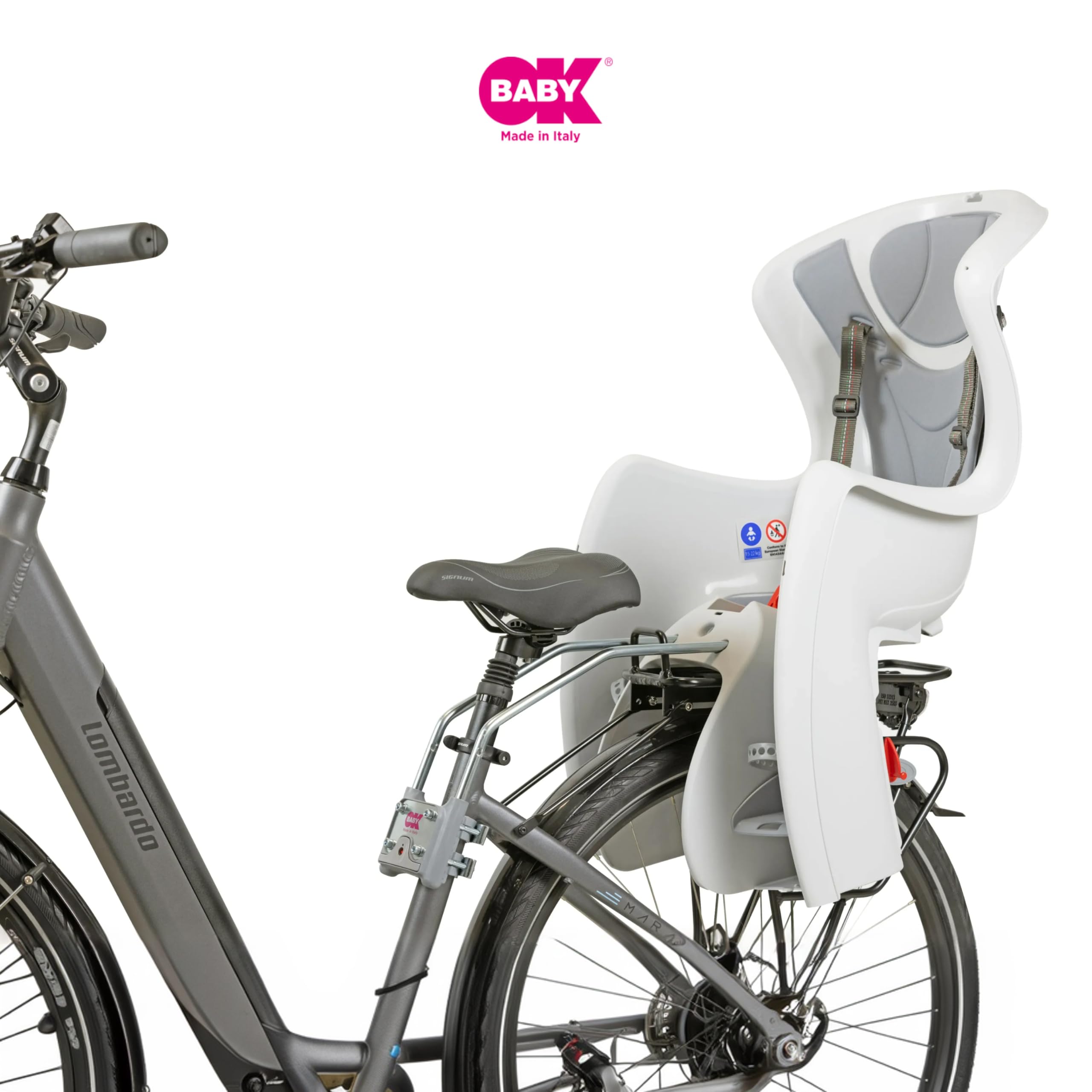 OKBABY Baby Shield - Seggiolino da Bicicletta Posteriore per Bambini, Portata Massima: 22 kg, Per telai con diametro compreso tra 28 mm e 40 mm, Argento