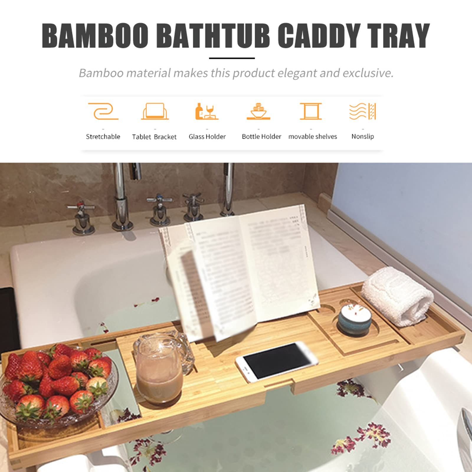 Bandeja de bañera para adultos, de madera expandible con soporte para teléfono, ranuras para copas de vino y soporte para libros, accesorio de relajación premium para experiencia de spa