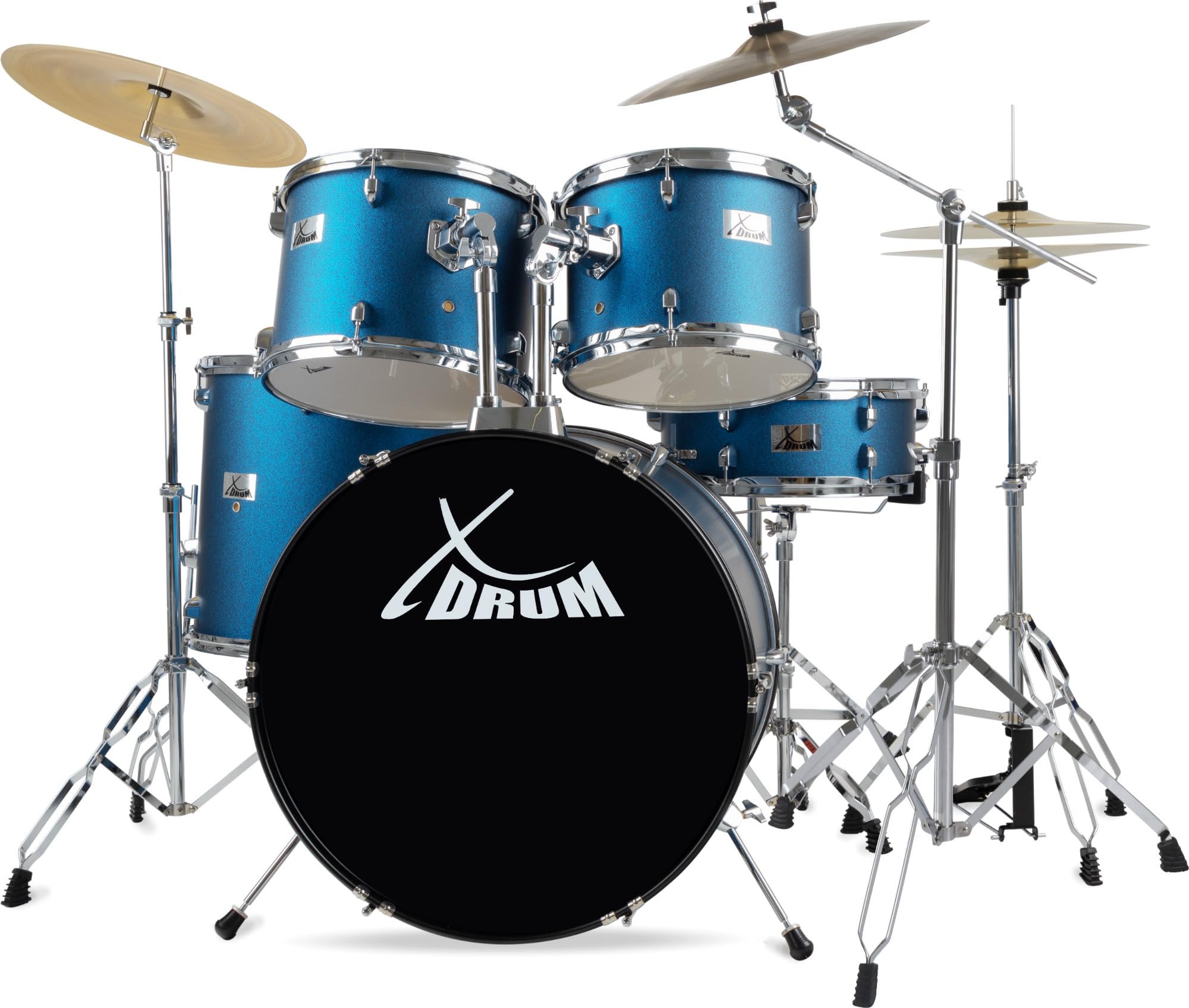 XDrum Semi 22" Standard Schlagzeug Satin Blue Sparkle - 22" BD, 12" TT, 13" TT, 16" FT, 14" SD - Set inkl. 16" Crash Becken und Galgenbeckenständer - Blau