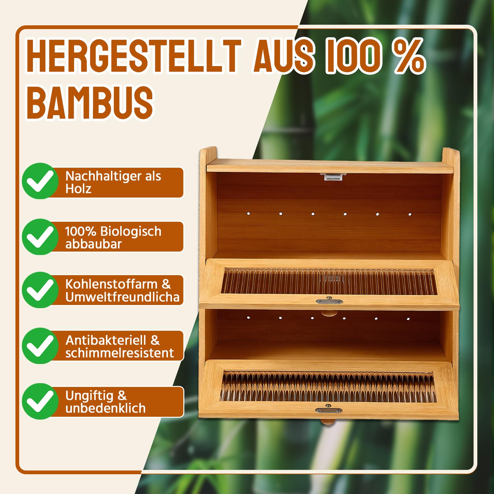 HAUSPROFI Brotkasten Bambus 2 Etagen, Brotkästen Holz mit Schneidebrett Belüftung Gewelltes Sichtbares Fenster, Elegant Brotbox Küche zur Brotaufbewahrung, Bread Box 40x25x40cm Groß