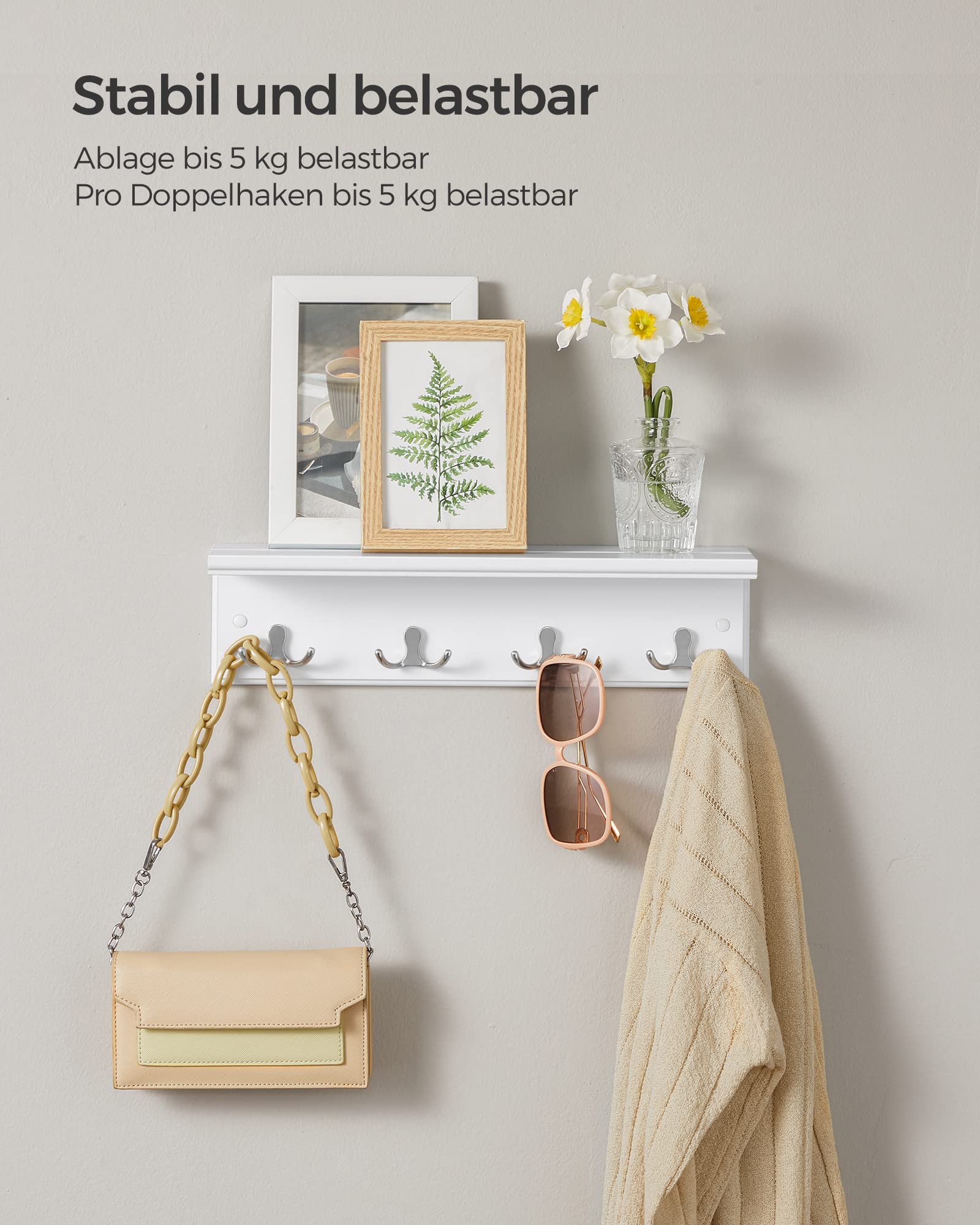 SONGMICS Wandgarderobe mit Ablage, Flurgarderobe, Garderobe für Wand, Garderobenleiste mit 4 Doppelhaken aus Metall, für Mäntel, Taschen, für Flur, Schlafzimmer, Wohnzimmer, weiß LHR42WT