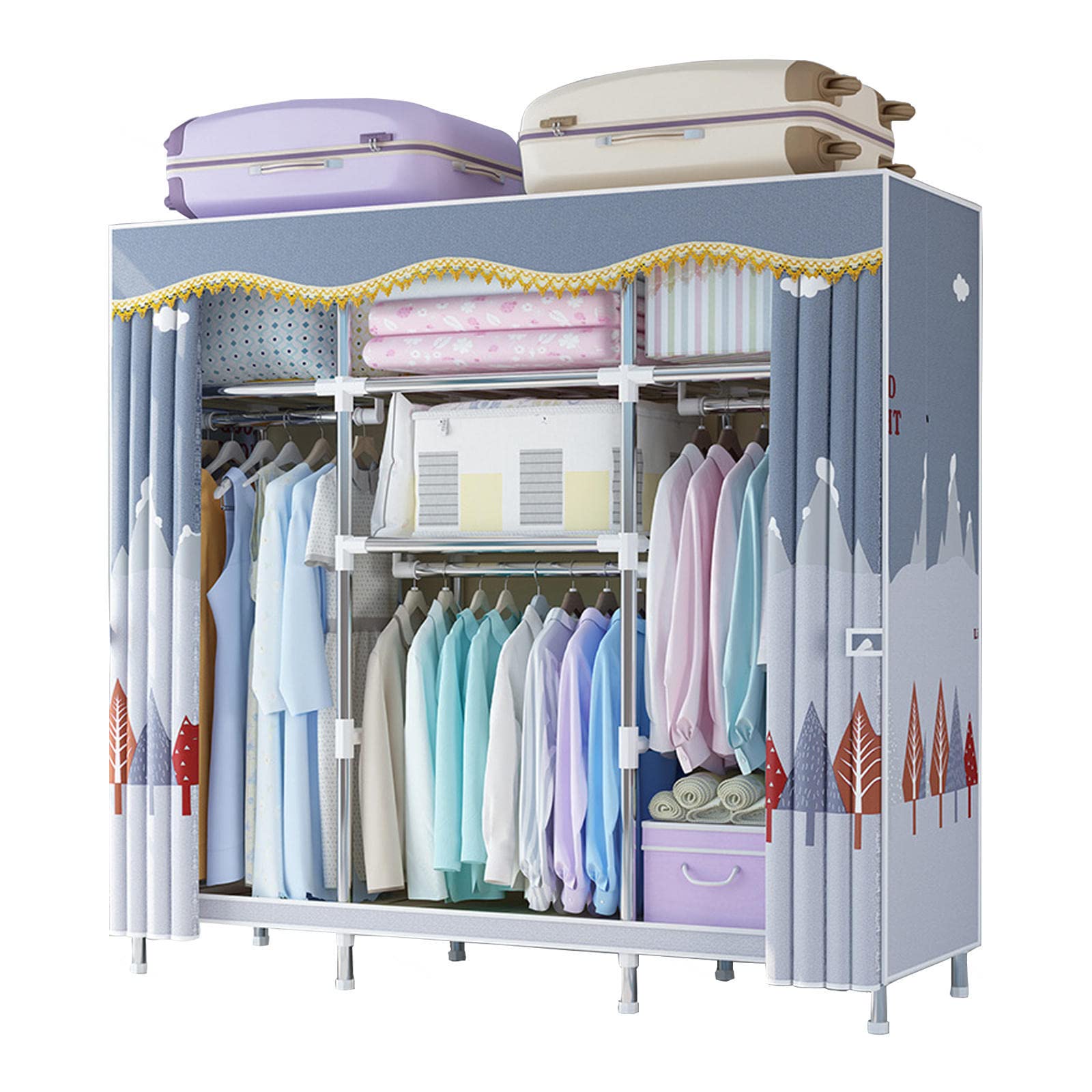 Canvas-Kleiderschrank, tragbarer Kleiderschrank, Aufbewahrungsorganisator für Kleiderschränke mit Kleiderstange, Regalen, Stoffbezug, faltbarer Schrank für Schlafzimmer, Wohnzimmer