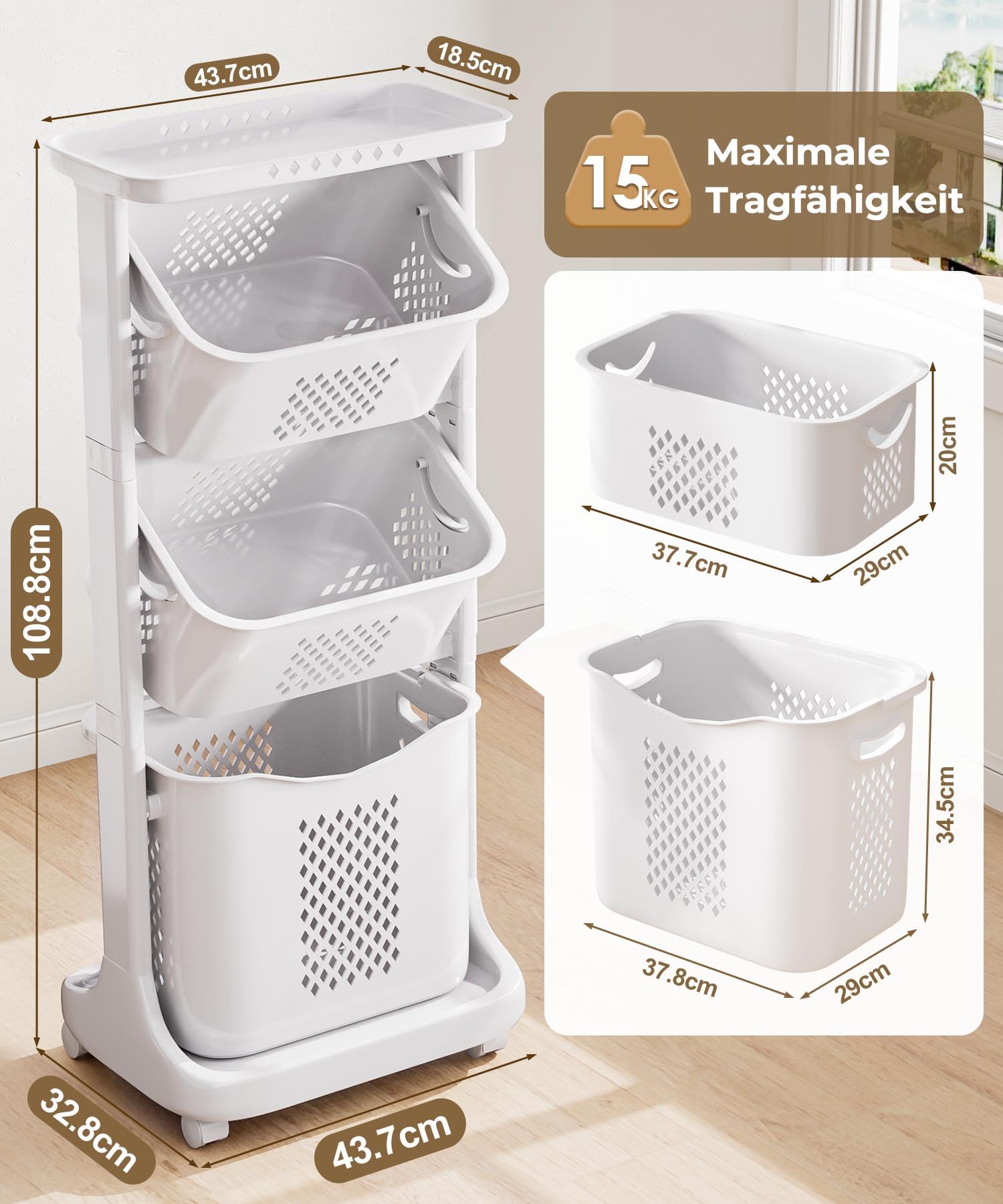 Yorbay Cesta Portabiancheria con Ruota e Manico, 3 Ceste Estraibili, Cesto per Vestiti Sporchi, per Giocattoli, Bagno, Camera, Mobile, 108.8x32.8x43.7cm, Grigio