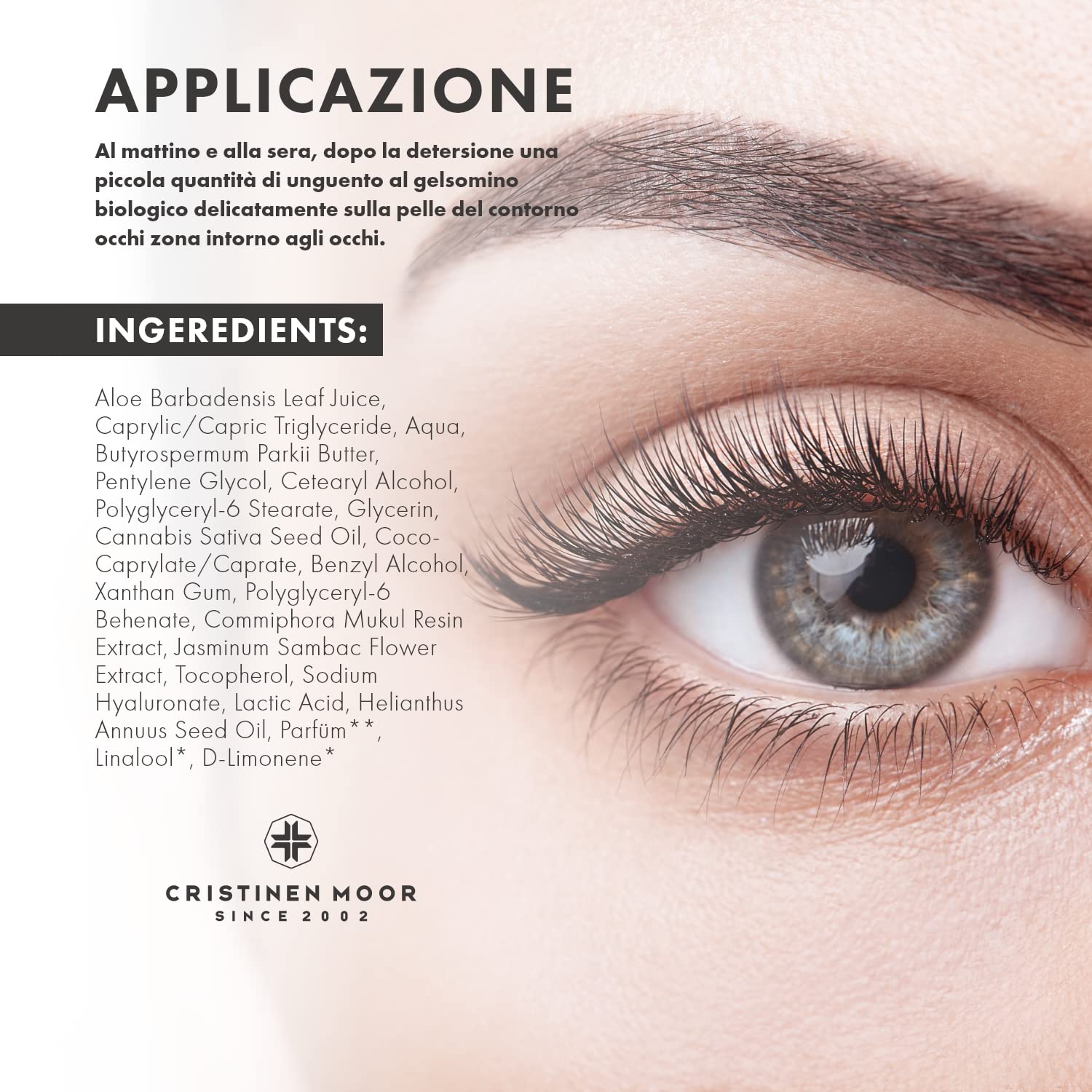 CristinenMoor Unguento al gelsomino biologico crema occhi occhiaie occhi stanchi gonfi palpebre cadenti olio semi canapa biologico acido ialuronico