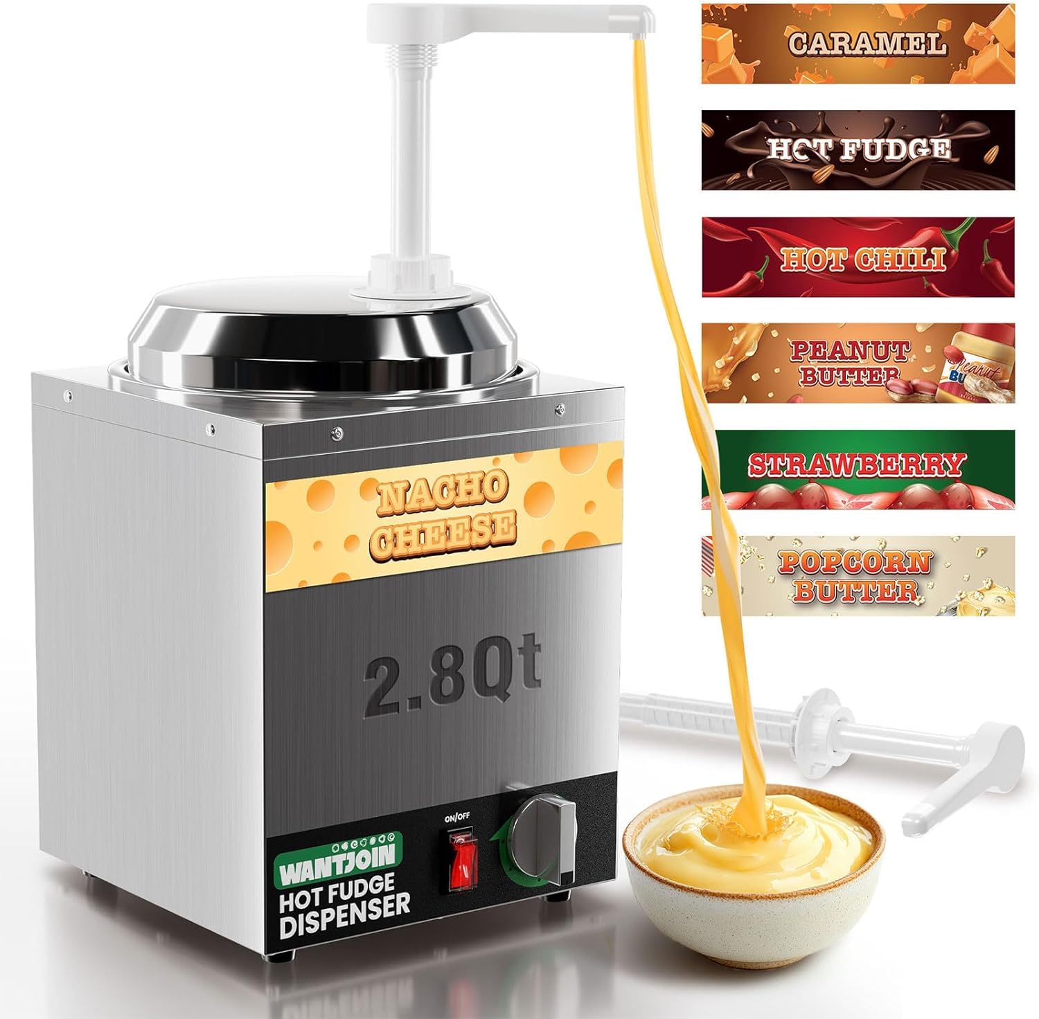 WantJoin Dispensador de queso Nacho con bomba, calentador de queso de acero inoxidable de 2,8 qt con 5 niveles de control de temperatura, dispensador comercial para jarabe de chocolate, salsa de queso