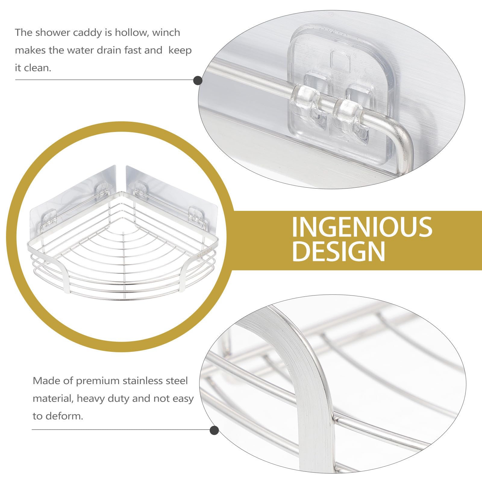SHINEOFI Estante de Ducha Esquinero de Acero Inoxidable 304, Pequeño 20 Cm con Barra Alta, Organizador Adhesivo sin Taladro para Baño, Almacenamiento para Champú y Gel, Diseño Drenaje