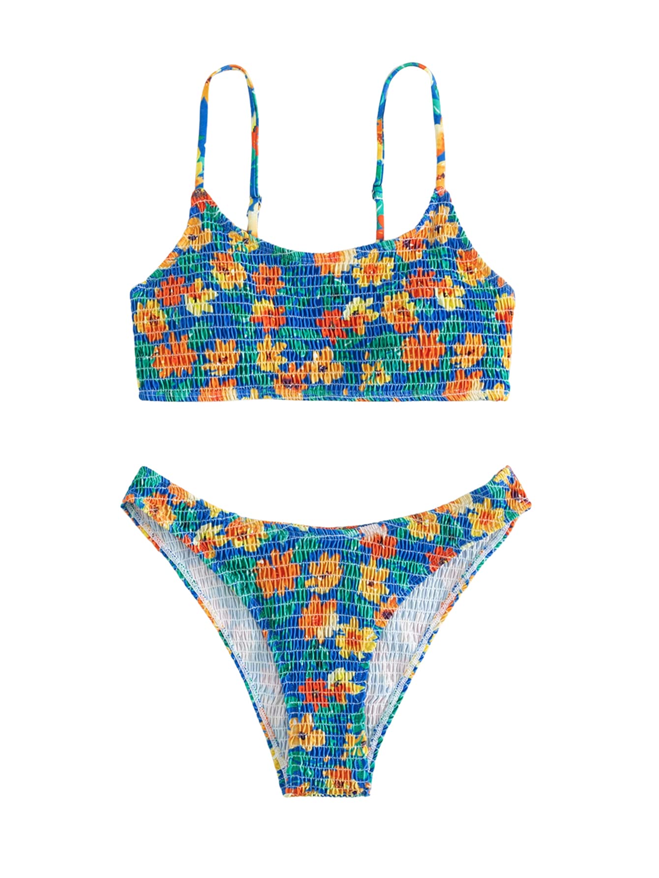 SweatyRocks Women's Floral Print 2 Piece Spaghetti Strap High Cut Bikini Set Smocked Bathing Suit