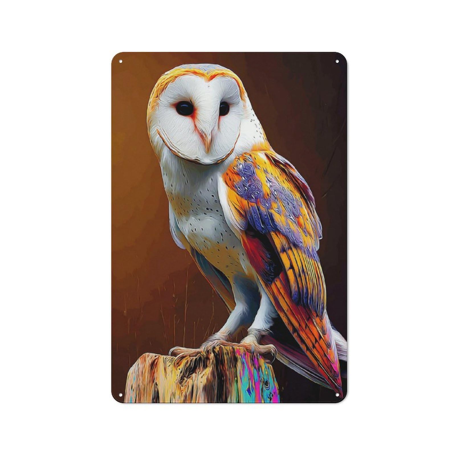 Tin Wall Plaque 30x20cm with Colorful Barn Owl Perched for Hallway Wall, with Clear Retro Wall Decor Character