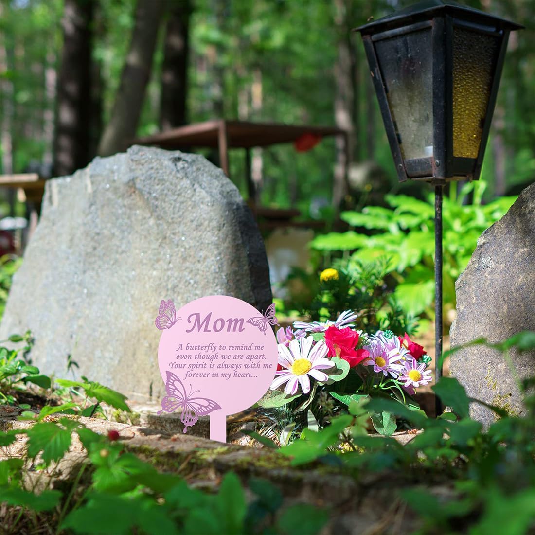 Voyyphixa 11.8X 6.7 Inches Butterflies Grave Stake for Loss of Mom Memorial Grave Markers Memorial Stake Pink Sympathy Grave Plaque Garden Decoration for Cemetery Yard (Mom) - Image 4