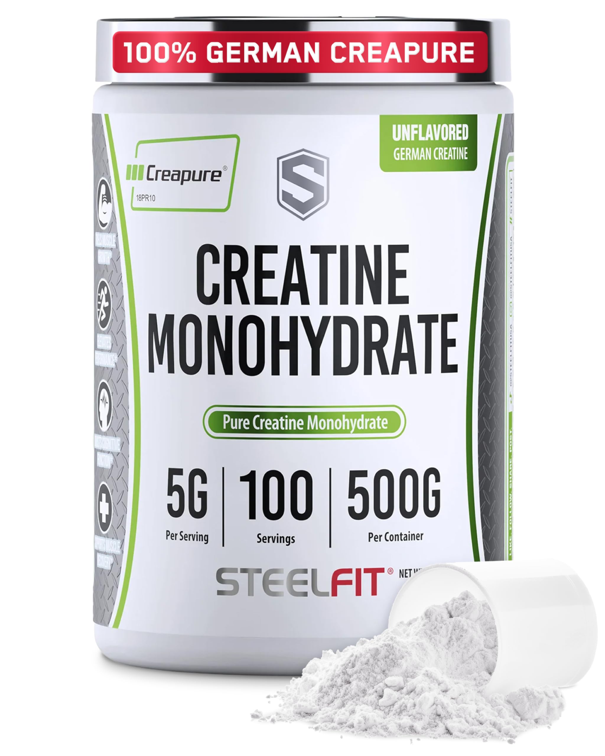 SteelFit Creapure Creatine Monohydrate Powder, Unflavored - German Micronized Creatine Powder for Men & Women - Gym Workout Nutritional Supplements for Muscle Gain, Brain Health & Strength Building