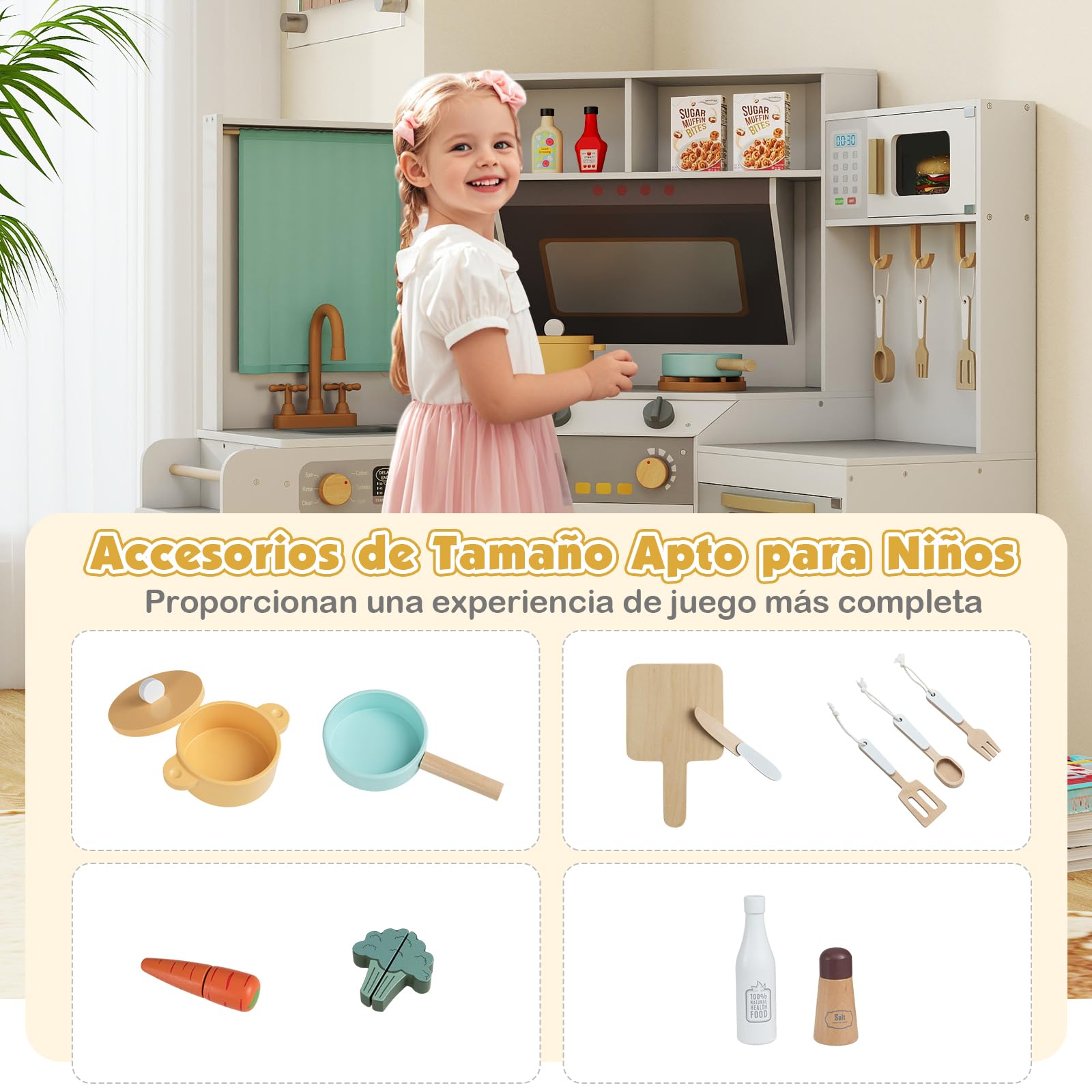 Cocina De Juguete De Esquina De Madera GOPLUS Con Fregadero, Microondas, Horno, Lavadora, Luces Y Sonidos, 118x59x93 Cm, Para Niños De 3 Años En Adelante