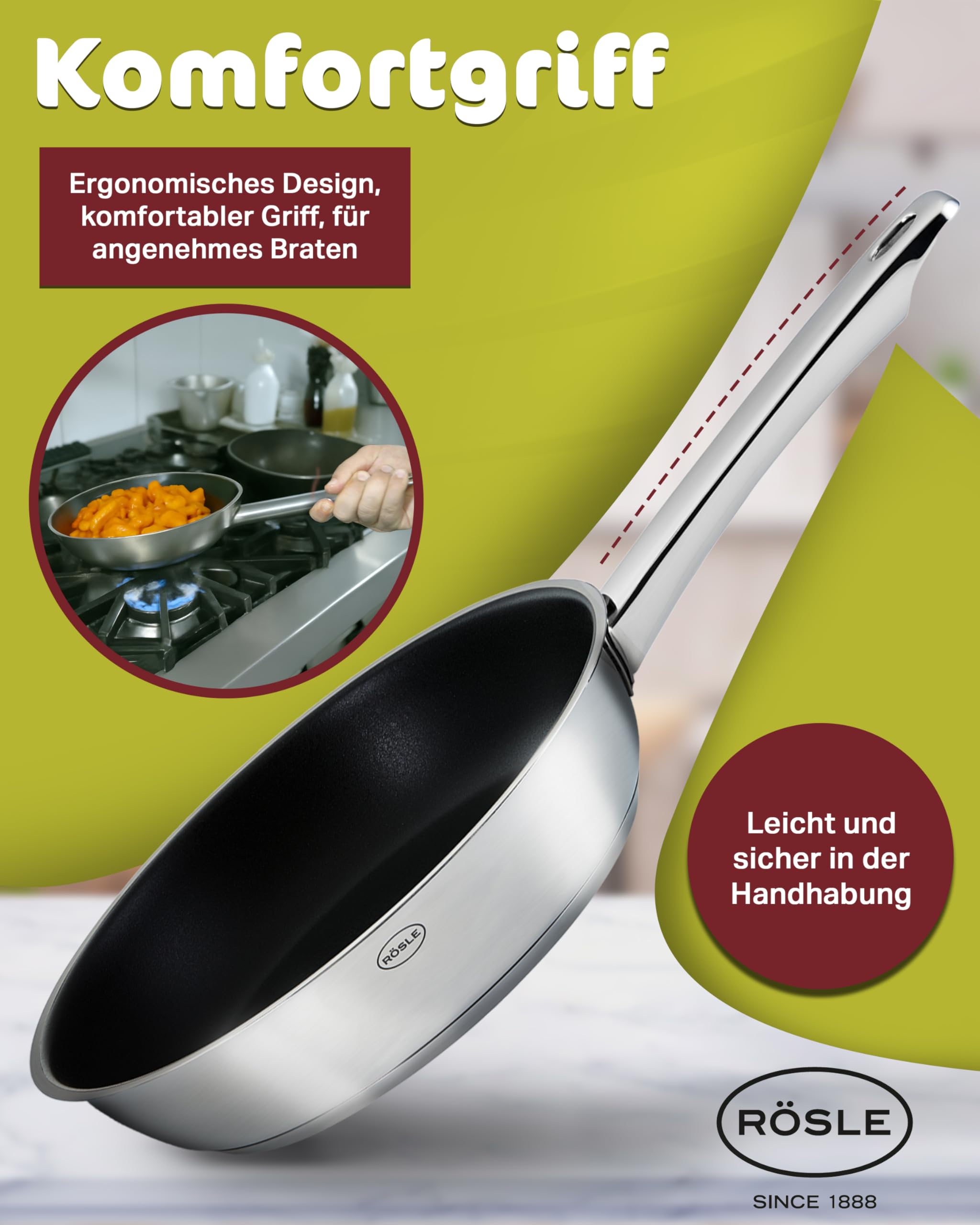 RÖSLE Moments Pfannenset 2 Stück 20 und 28 cm, Bratpfanne aus Edelstahl | Antihaftbeschichtet und kratzfest, für alle Herdarten inkl. Induktion, backofenfest bis 260 °C, spülmaschinenfest, PFAS-frei