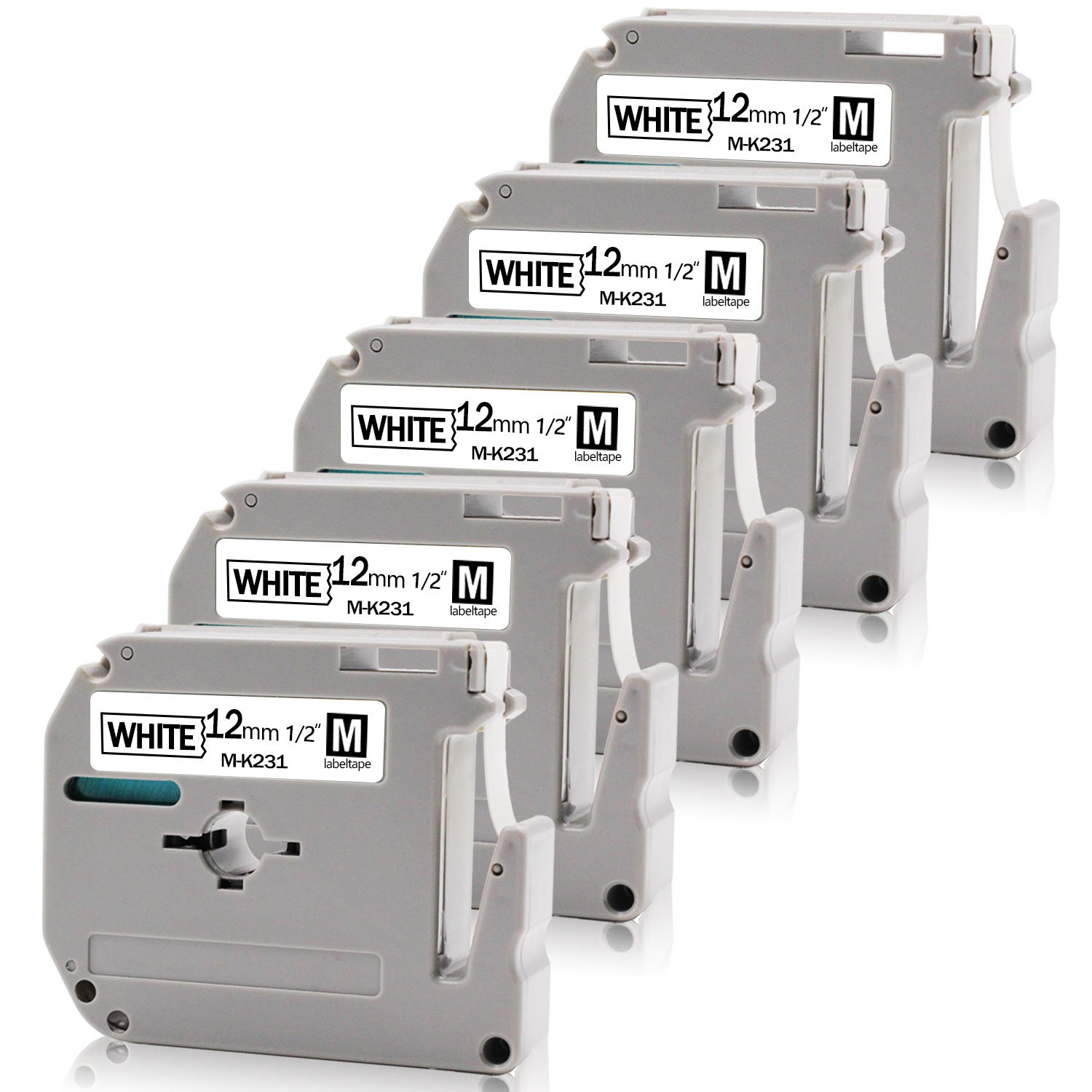 AbsonicCompatible Label Tape Replacement for Brother MK-231 M231 M-K231 M-K231S M-Tape 12mm 0.47" Black on White for Brother PT-65 PT-M95 PT-80 PT-90 PT-45 PT-85 PT-70 PT-45M, 1/2" x 26.2', 5-Pack