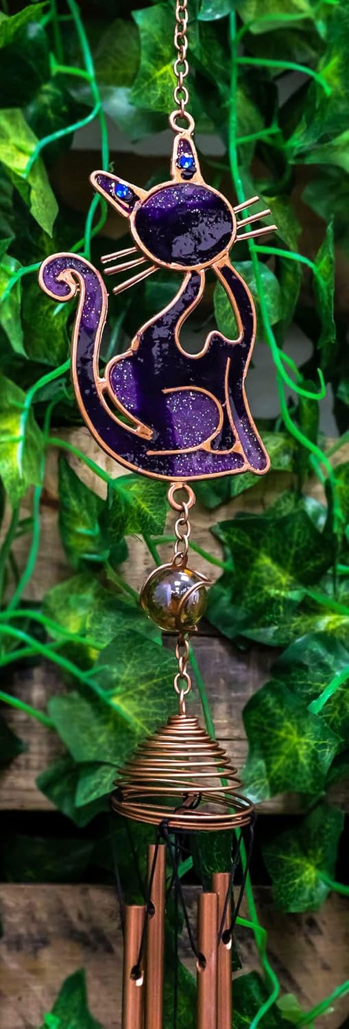 Ebros Gift Stained Glass Feline Love Purple Slinky Cat Sitting Resonant Relaxing Metal Wind Chime Suncatcher Garden Patio Accent with Gemstones