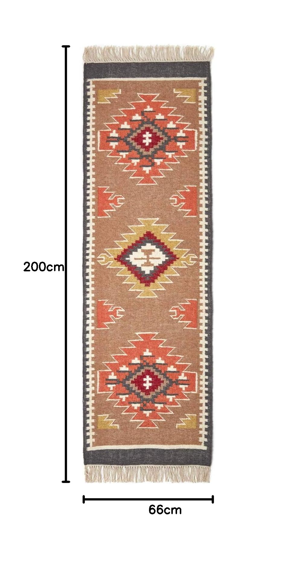 HOMESCAPES Jaipur - Tappeto kilim intrecciato a mano, marrone, arancione e grigio, per corridoio, tradizionale, in lana, con frange, 66 x 200 cm
