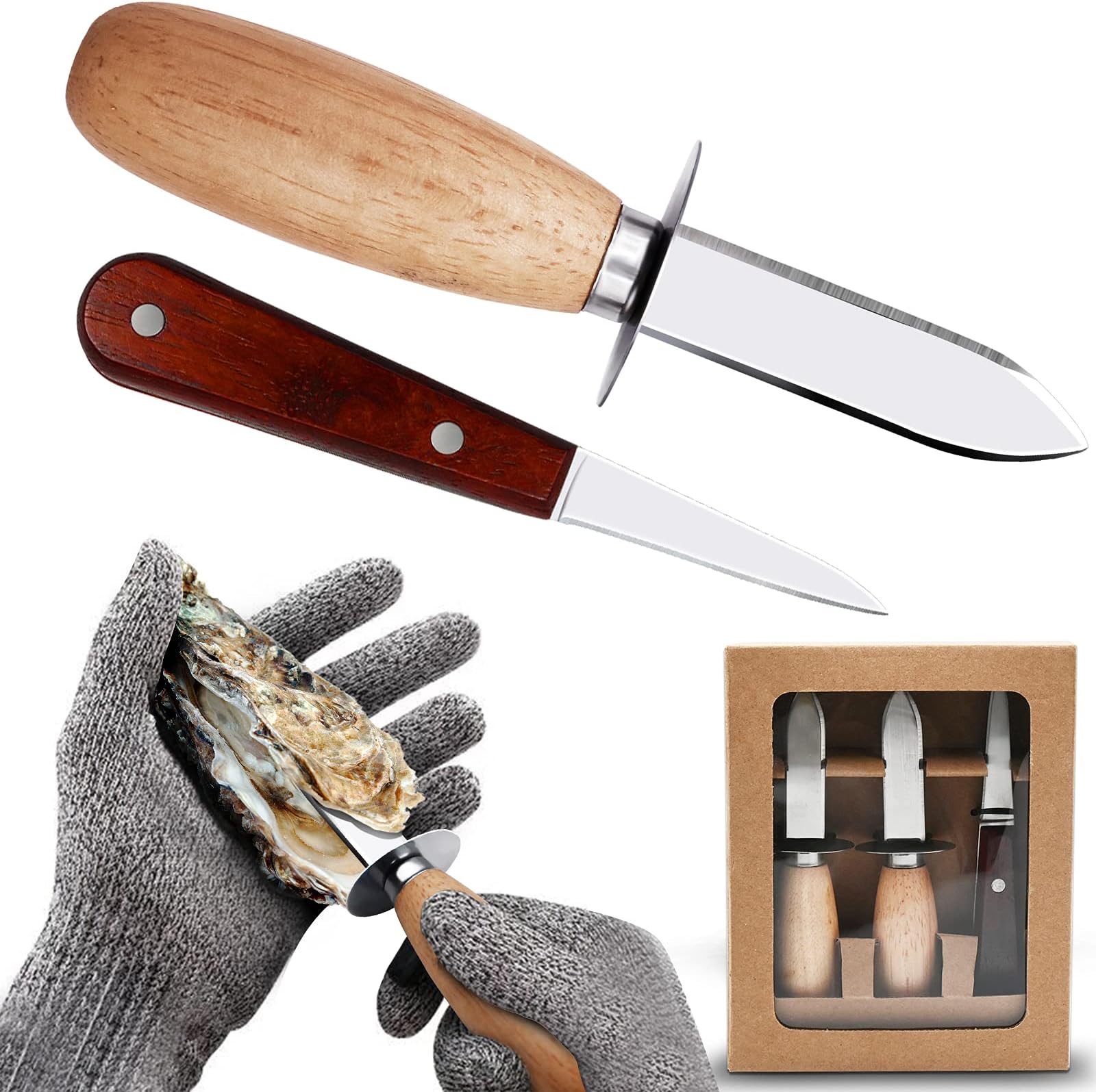 AmourateOyster Shucking Knife Oyster Knife, Set of 3 Oyster Shucker with Premium Wood-handle and 1 Pairs Level 5 Protection Gloves, Knife and Glove Set for Seafood Lovers (3Knifes+1Glove)