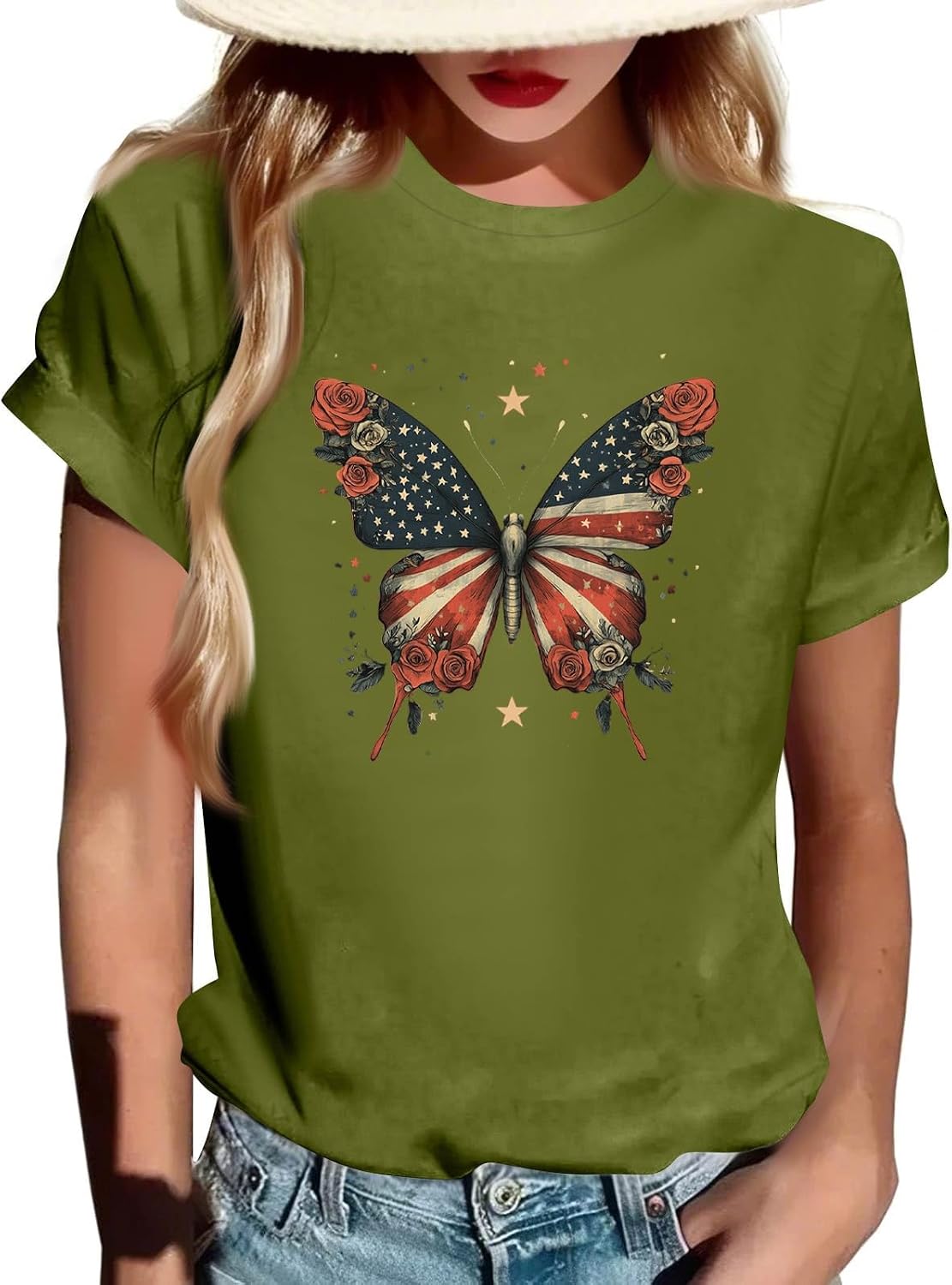 Womens Graphic Basic Tees 4Th of July American Flag Crewneck Short Sleeve Independence Tops Summer Casual Shirt