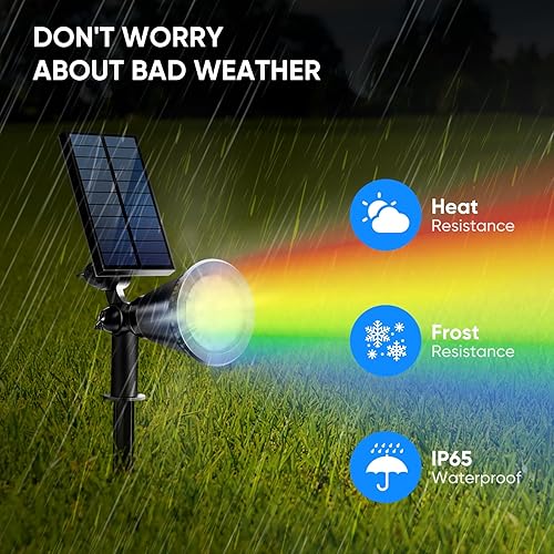 Miniatura 6 de KEV Focos solares para exteriores, 18 luces LED de inundación solares con 8 modos y colores ajustables e impermeables IPX65, foco solar de Halloween